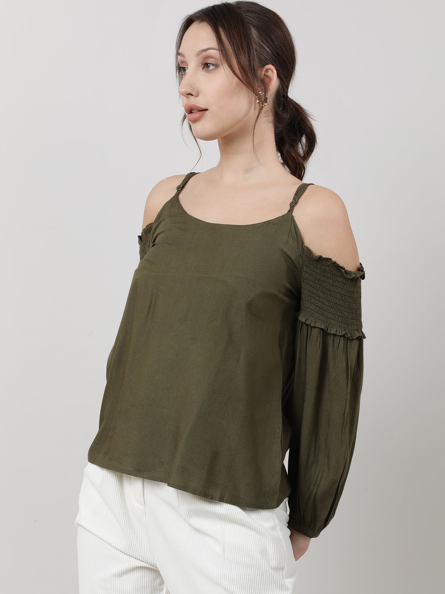 Women Regular Fit Olive Cold Shoulder Top