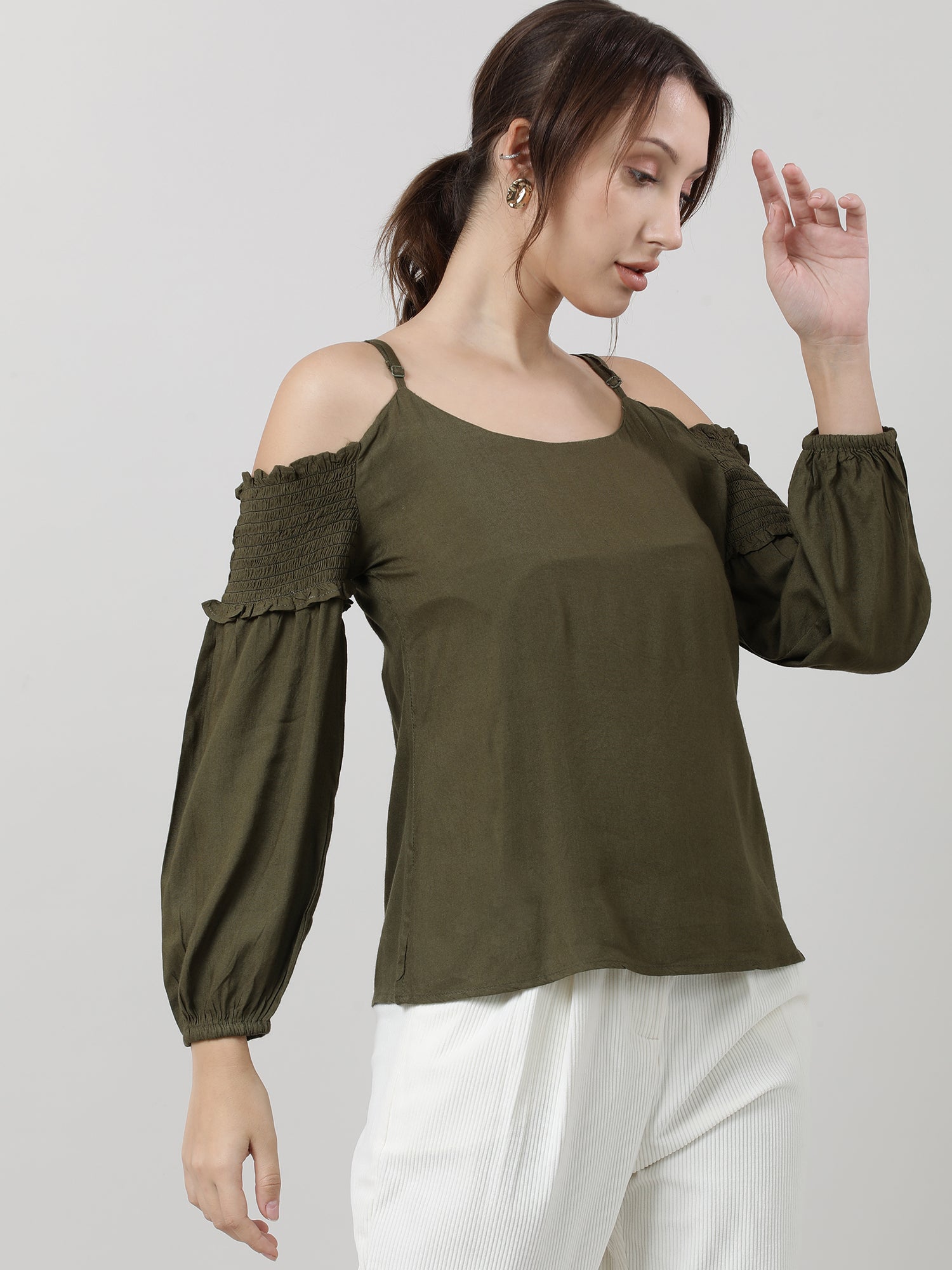 Women Regular Fit Olive Cold Shoulder Top