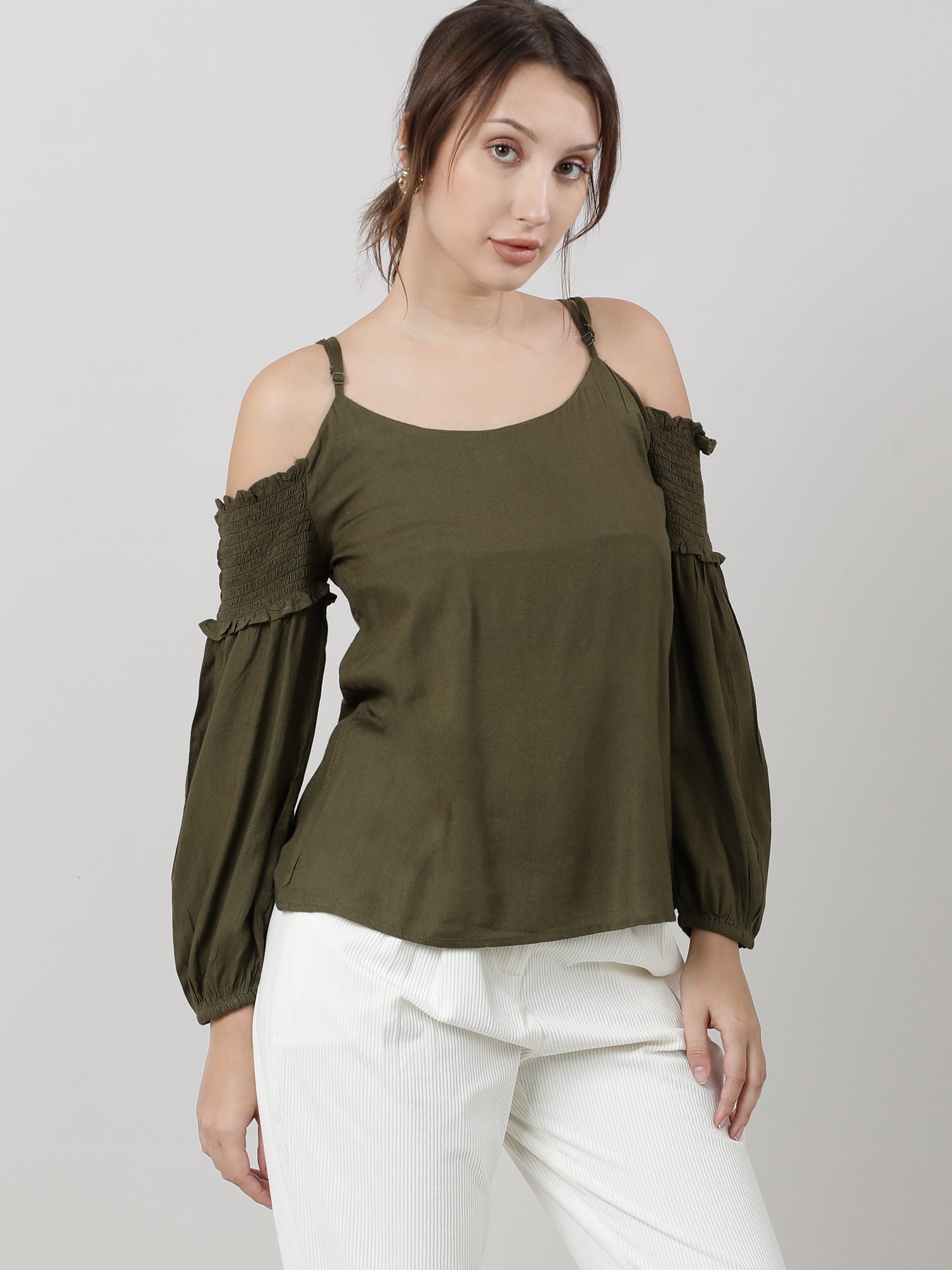 Women Regular Fit Olive Cold Shoulder Top