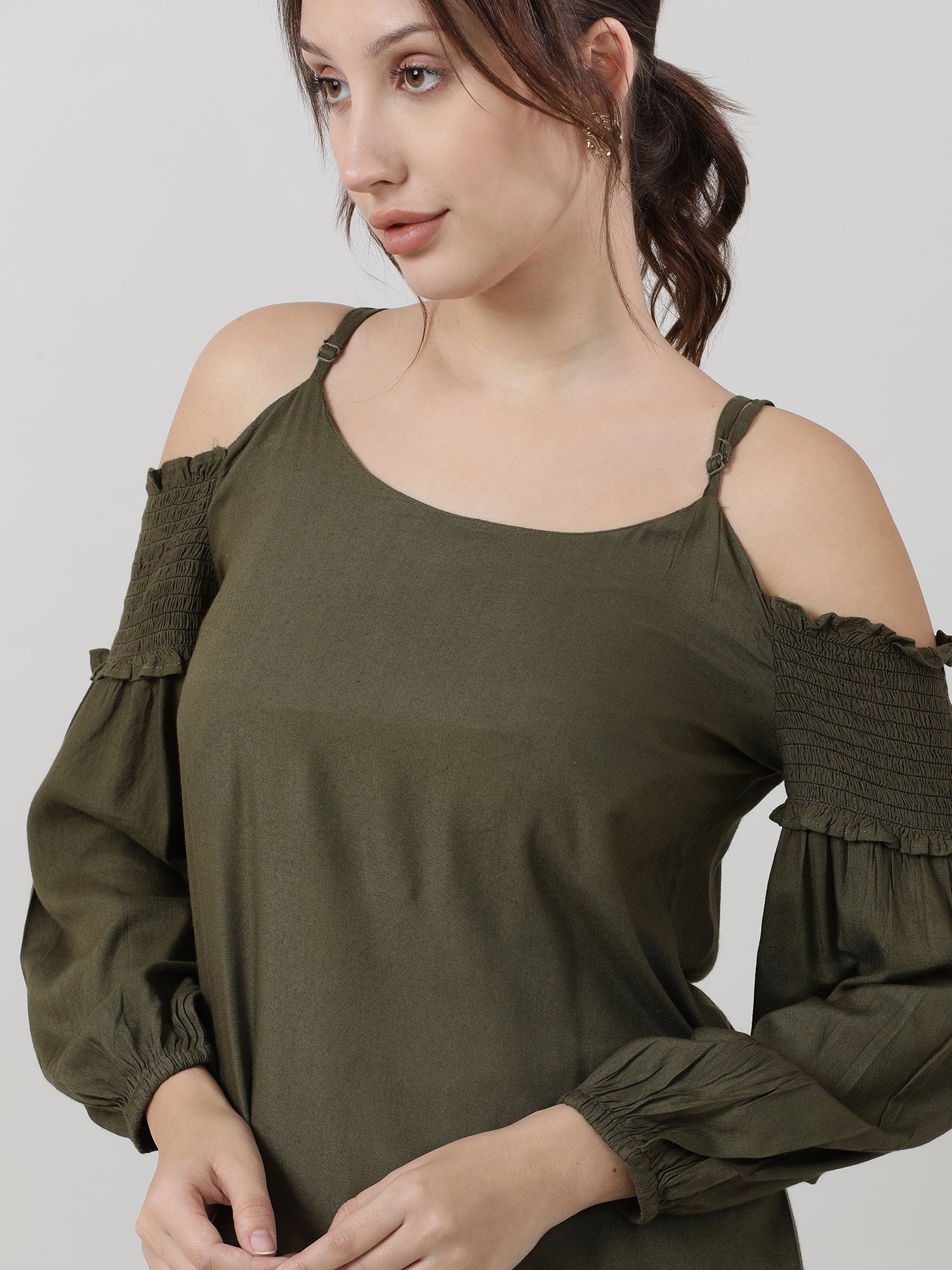 Women Regular Fit Olive Cold Shoulder Top