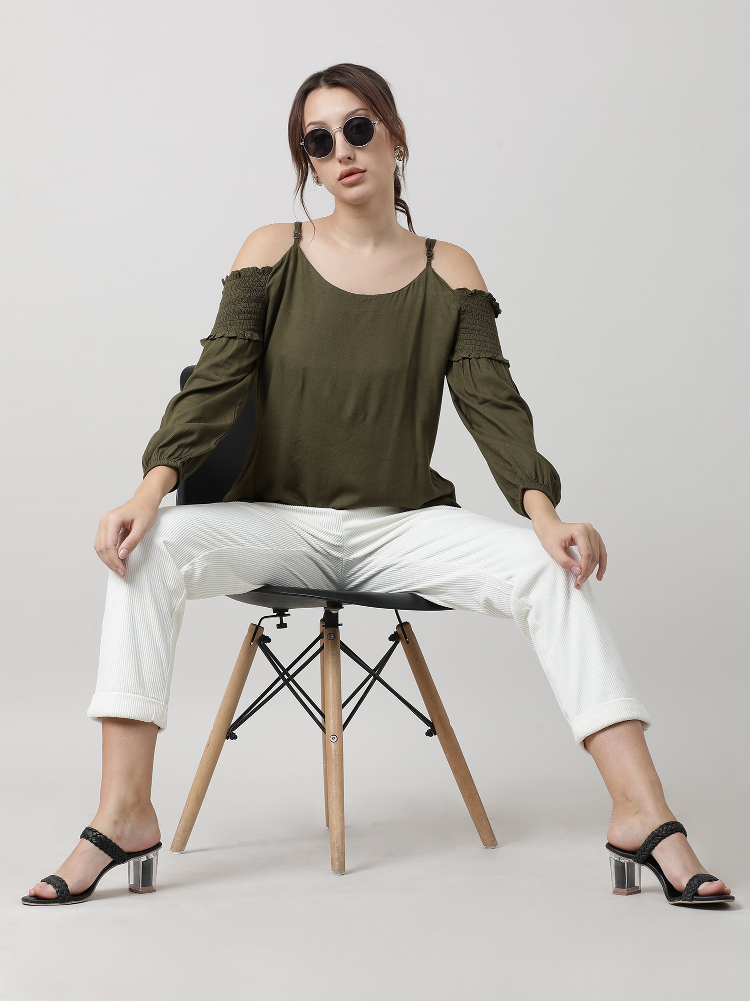 Women Regular Fit Olive Cold Shoulder Top