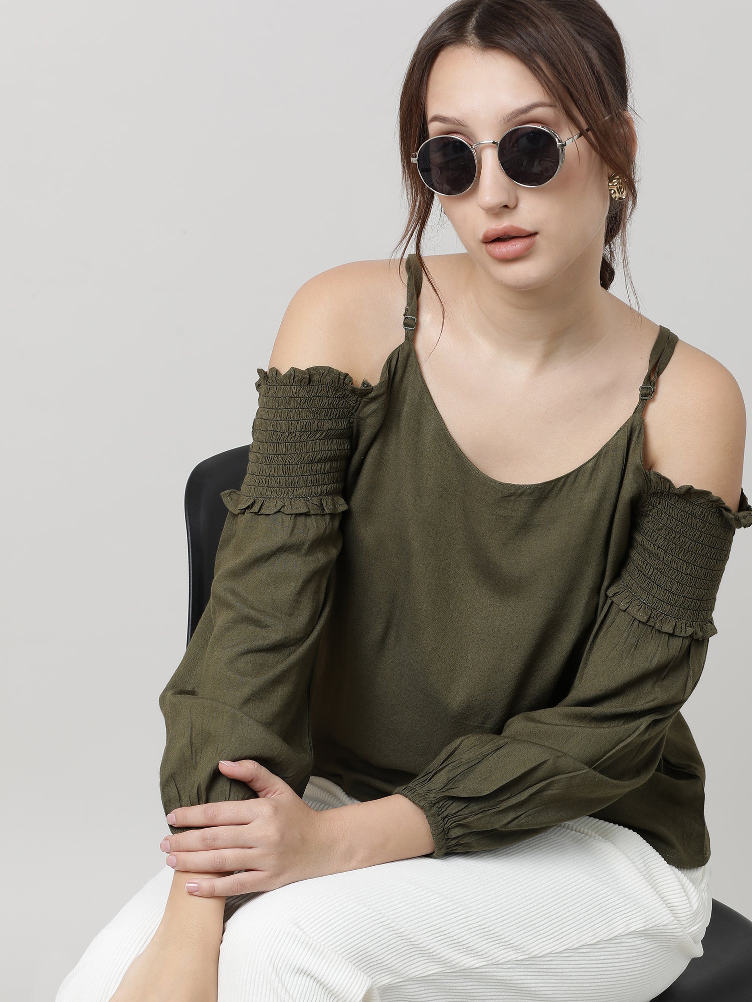 Women Regular Fit Olive Cold Shoulder Top