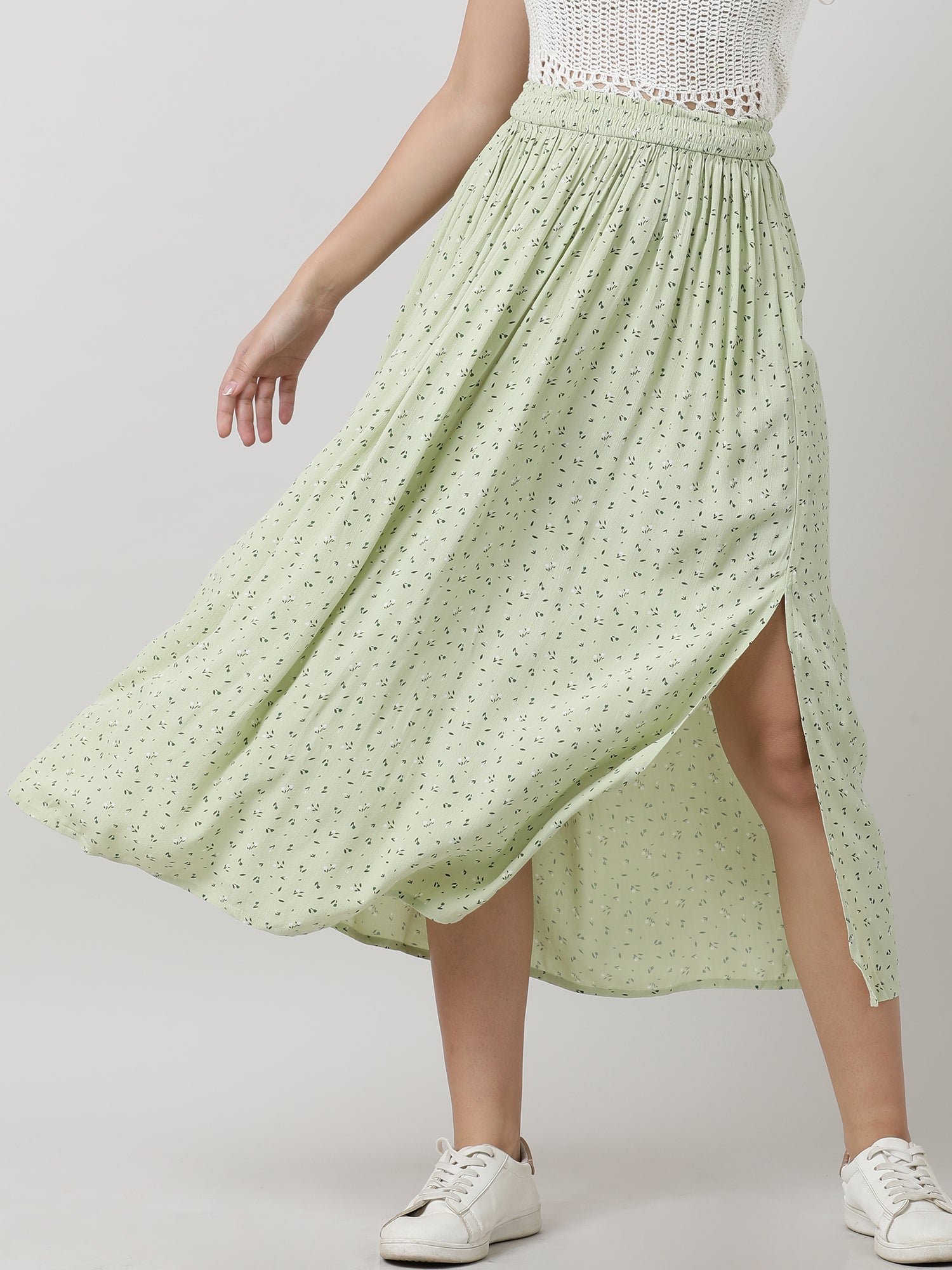 Women Regular Fit Printed Green Midi Skirt