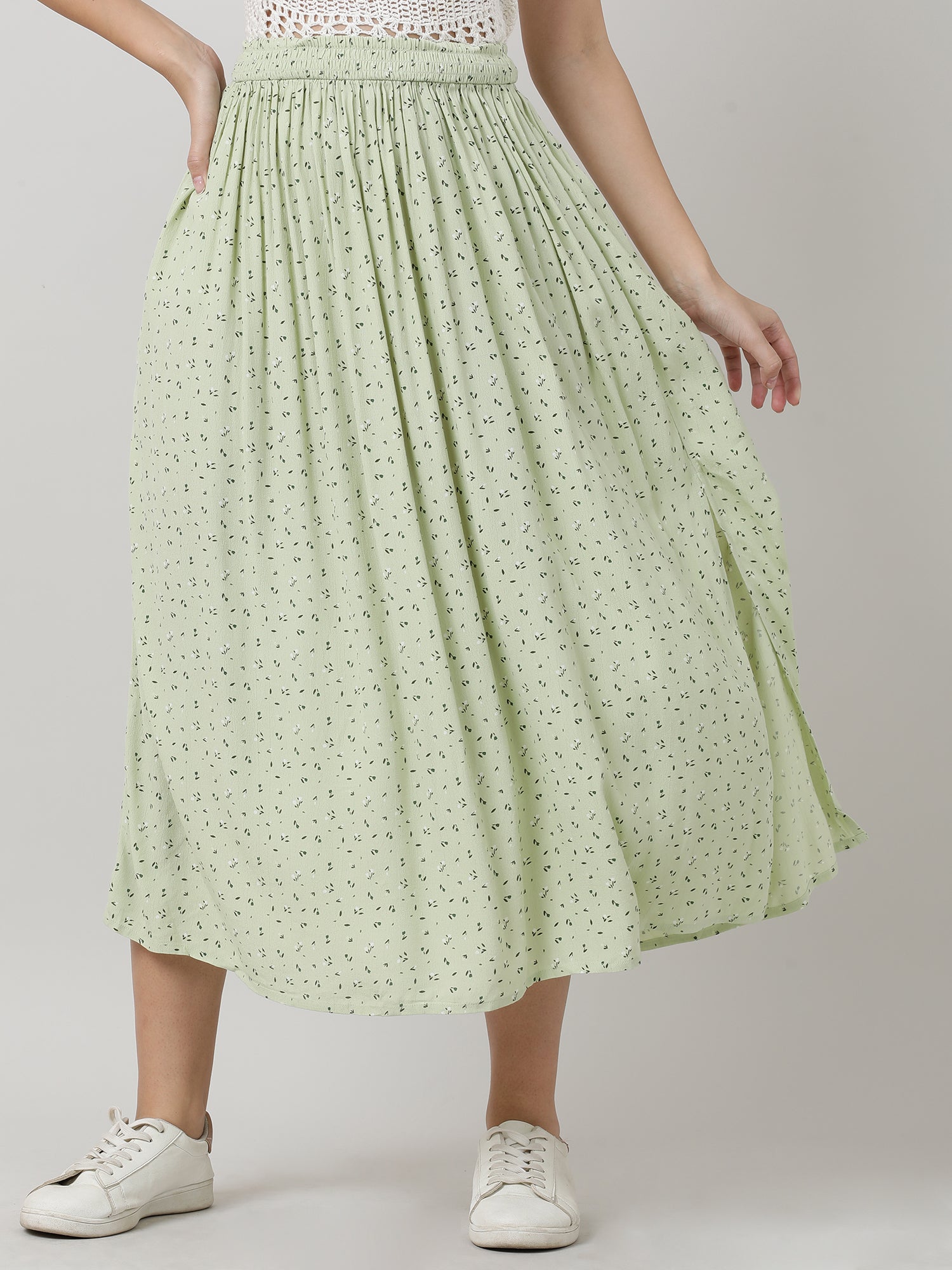 Women Regular Fit Printed Green Midi Skirt