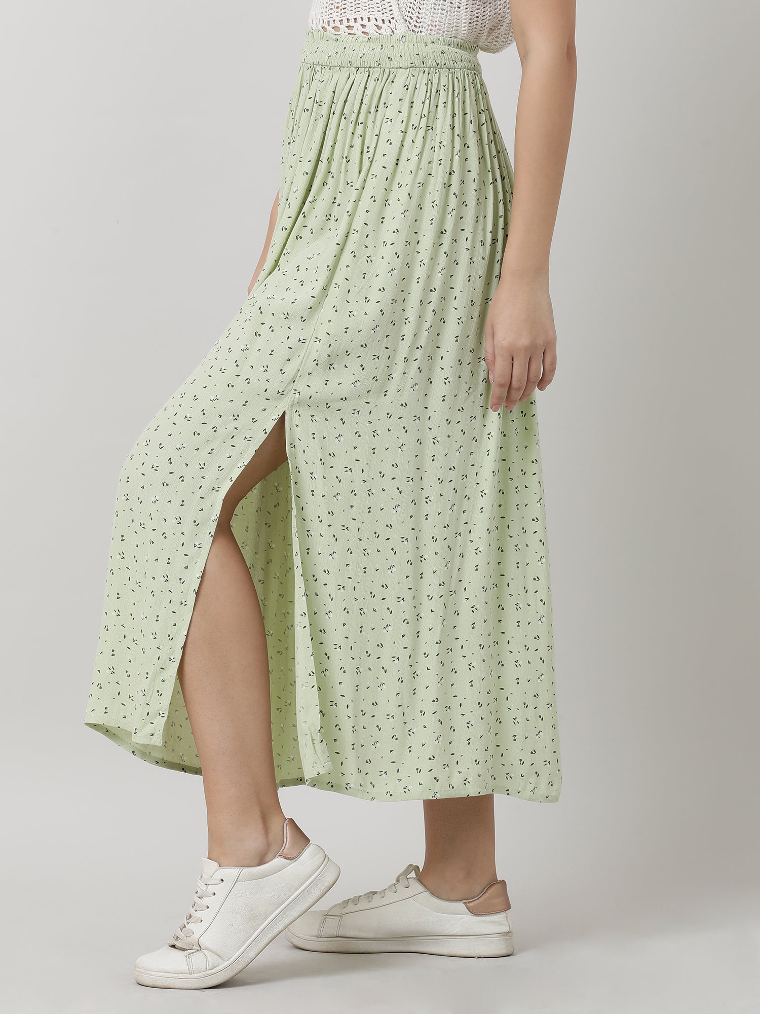 Women Regular Fit Printed Green Midi Skirt