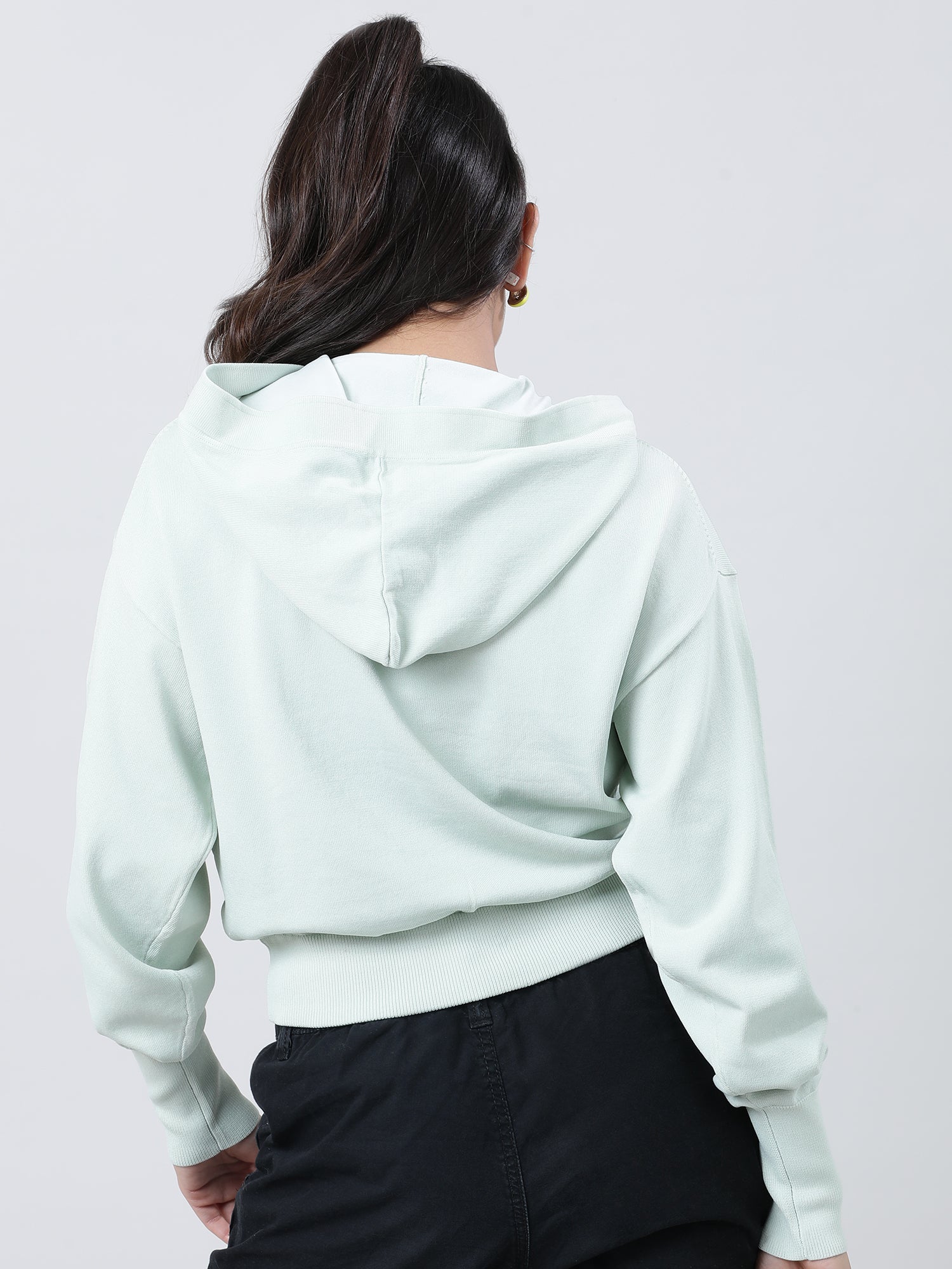 Women Slim Fit Light Green Hooded Sweatshirt