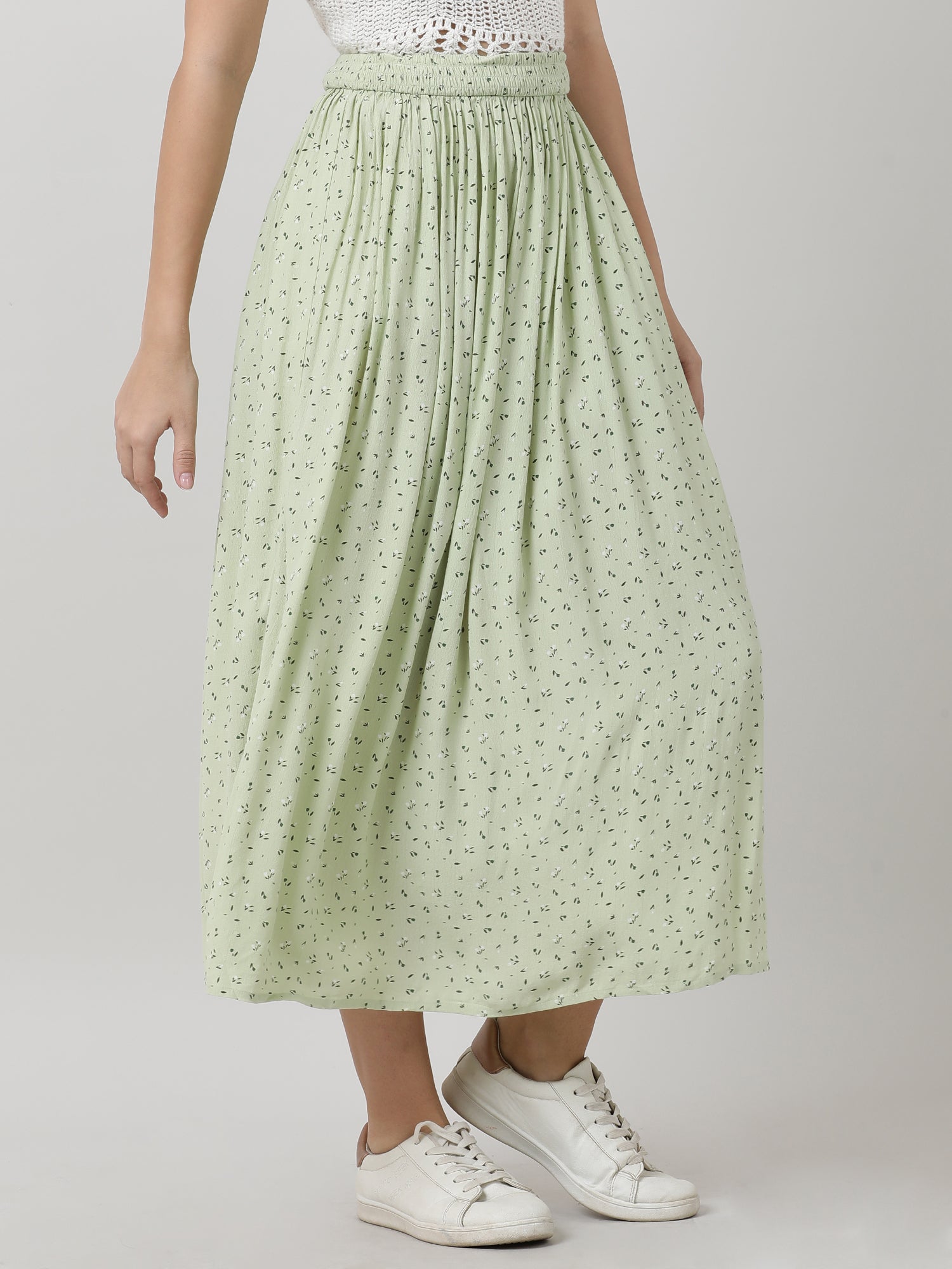 Women Regular Fit Printed Green Midi Skirt