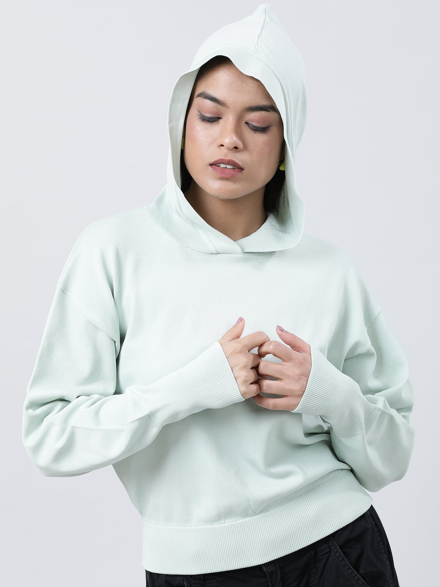 Women Slim Fit Light Green Hooded Sweatshirt