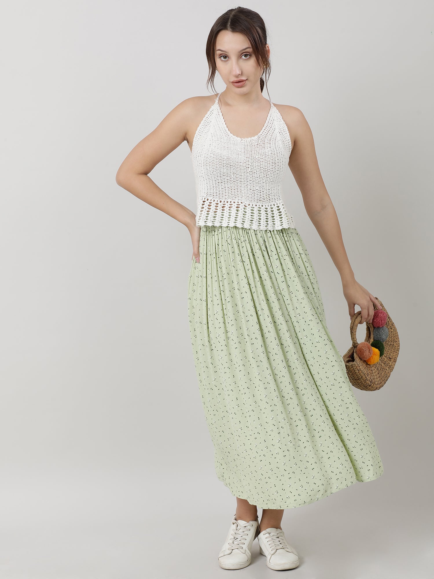 Women Regular Fit Printed Green Midi Skirt