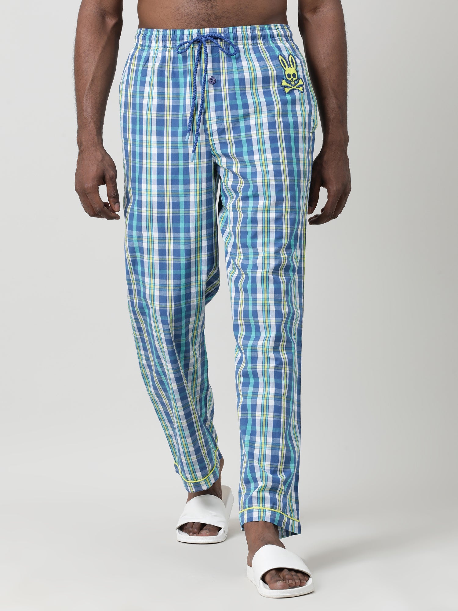 Blue Cotton Checked Ankle Length Pants