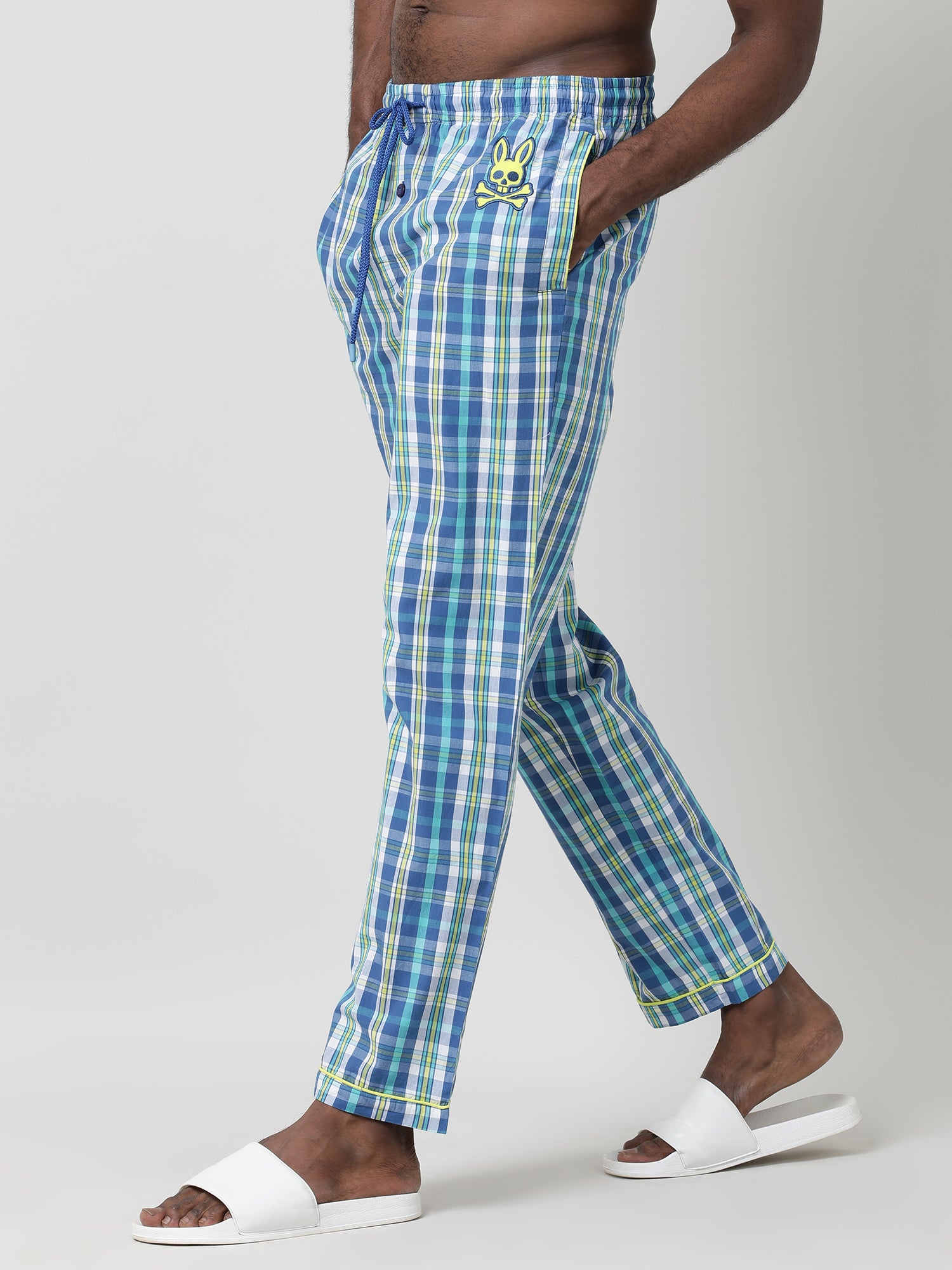 Blue Cotton Checked Ankle Length Pants