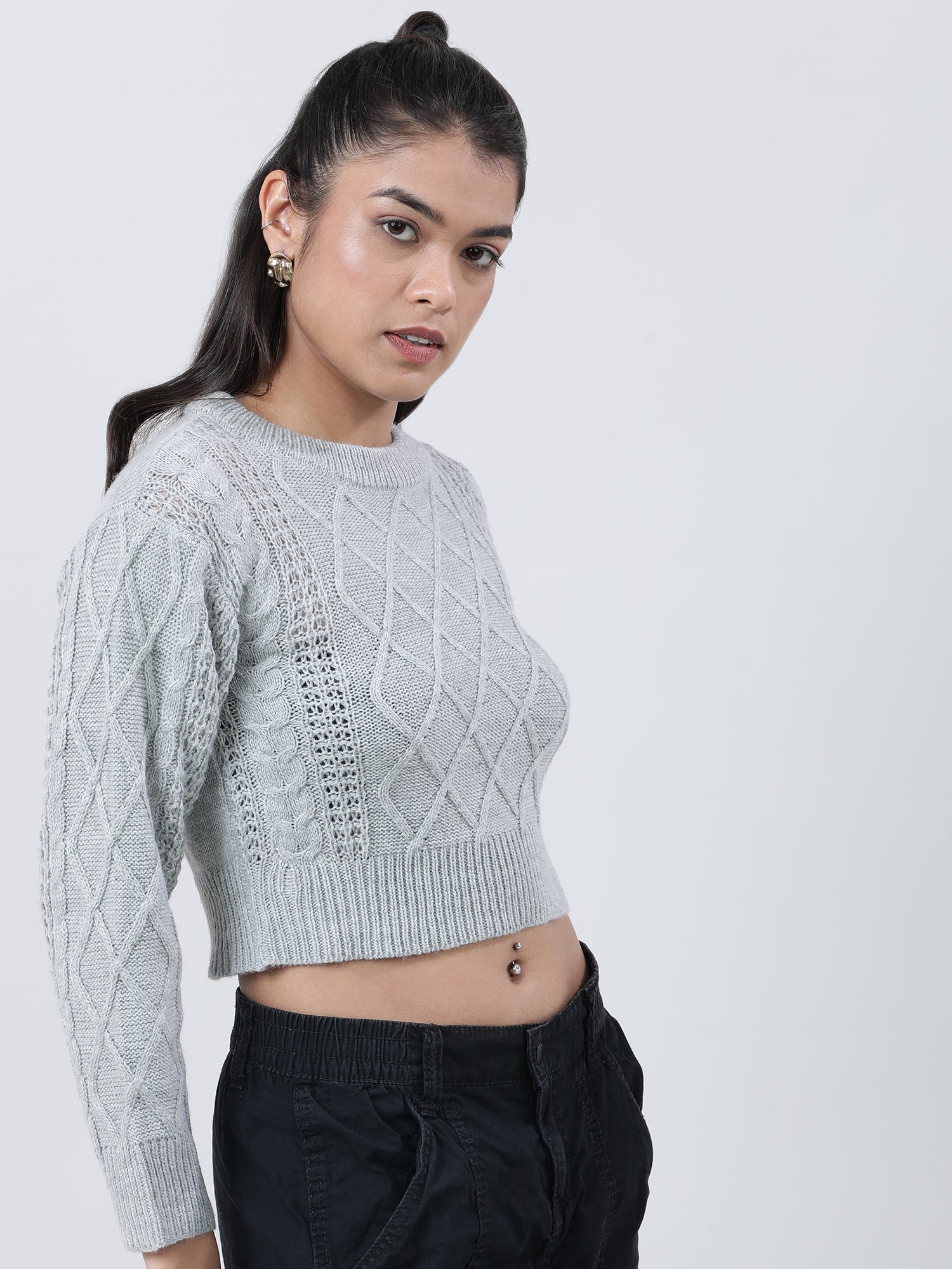 Women Regular Fit Knitted Grey Cropped Sweater