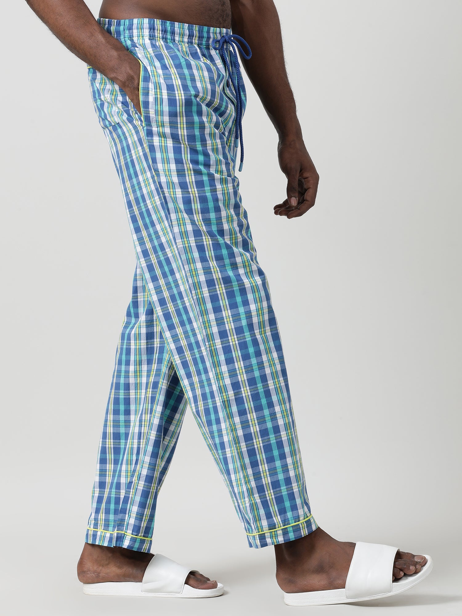 Blue Cotton Checked Ankle Length Pants