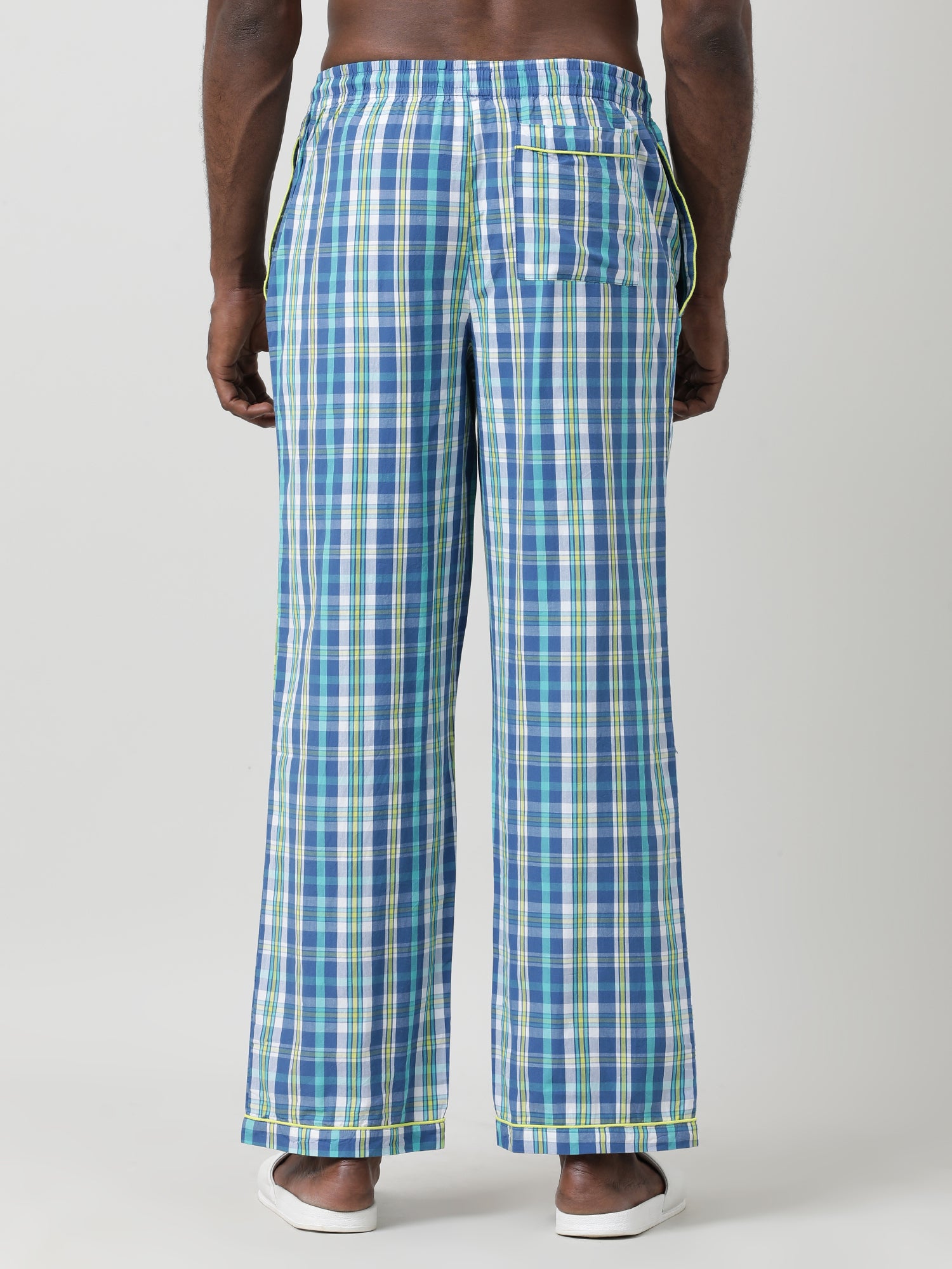 Blue Cotton Checked Ankle Length Pants