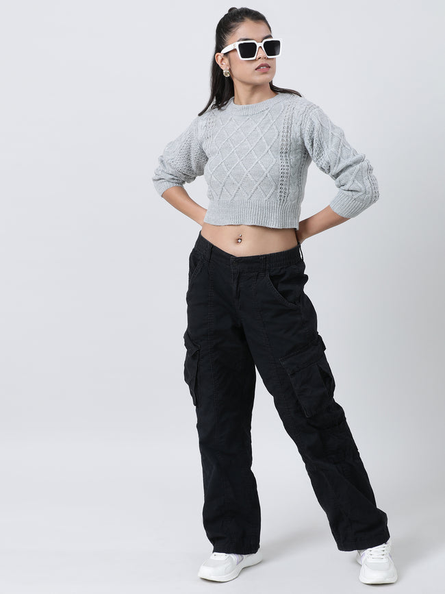 Women Regular Fit Knitted Grey Cropped Sweater