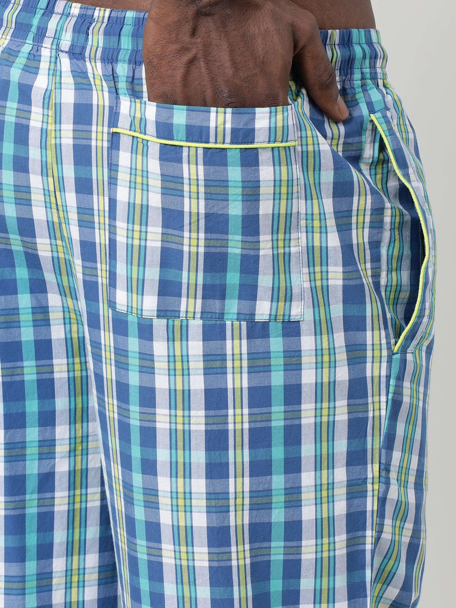 Blue Cotton Checked Ankle Length Pants