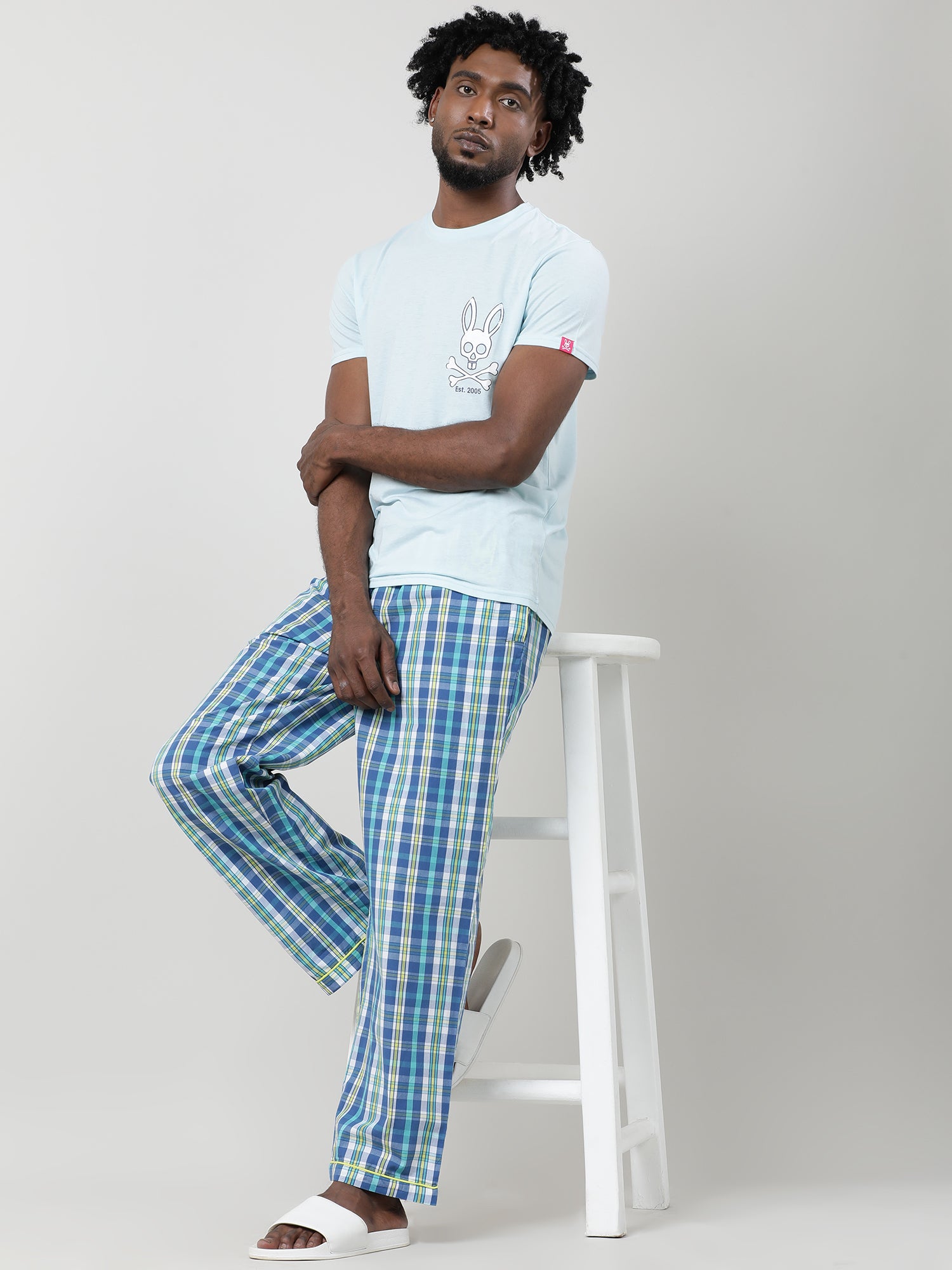 Blue Cotton Checked Ankle Length Pants