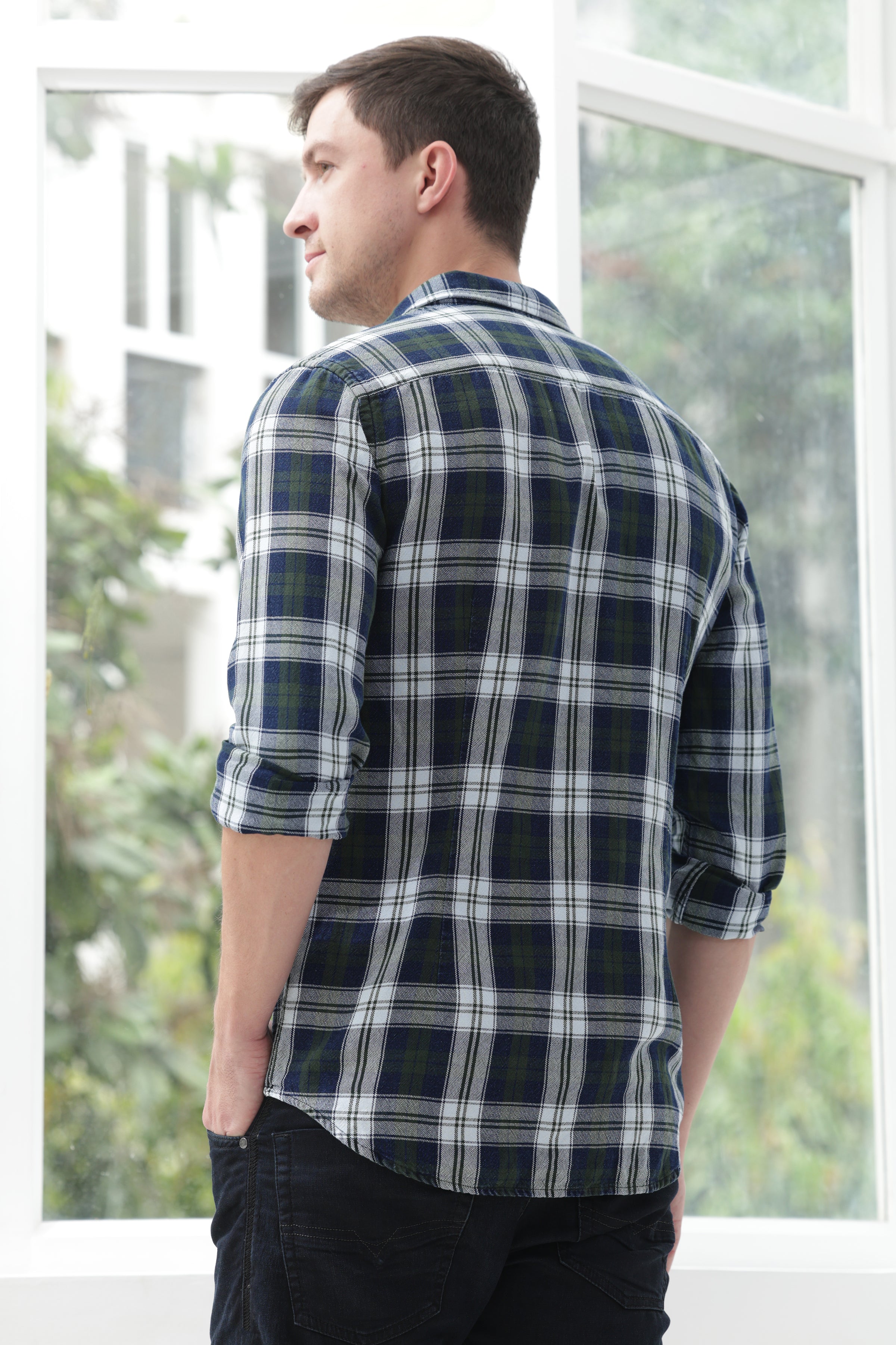 Men Quest Indigo Check Shirt Green