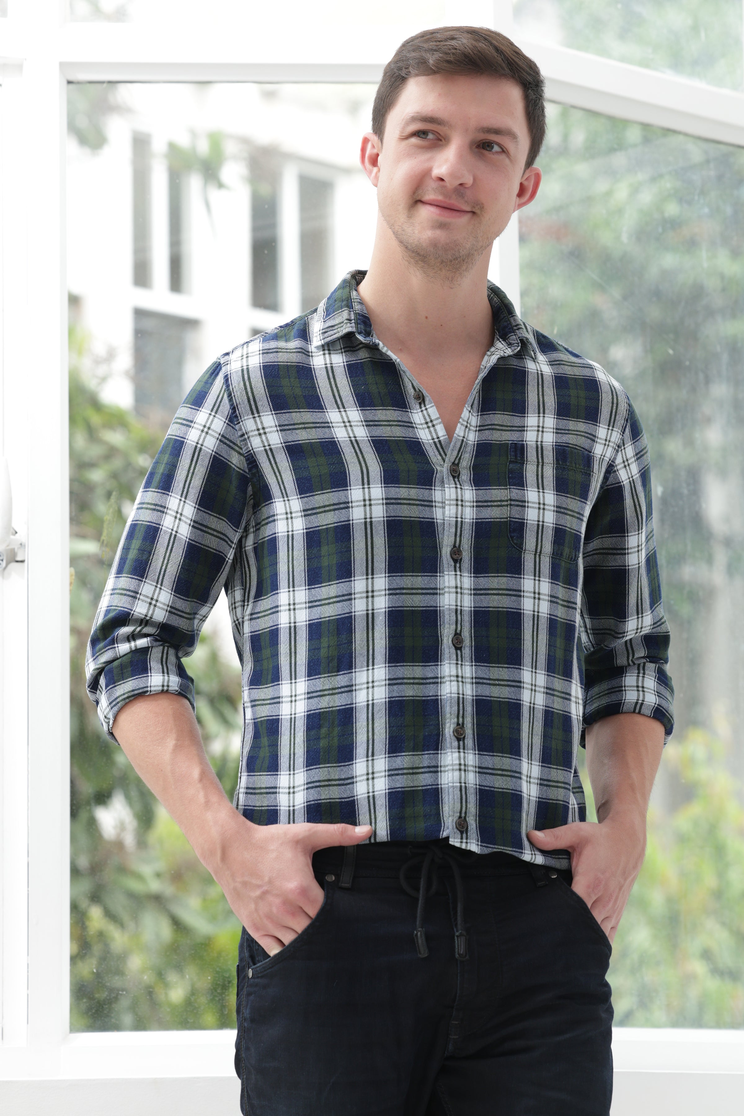 Men Quest Indigo Check Shirt Green