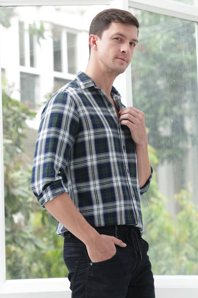 Men Quest Indigo Check Shirt Green