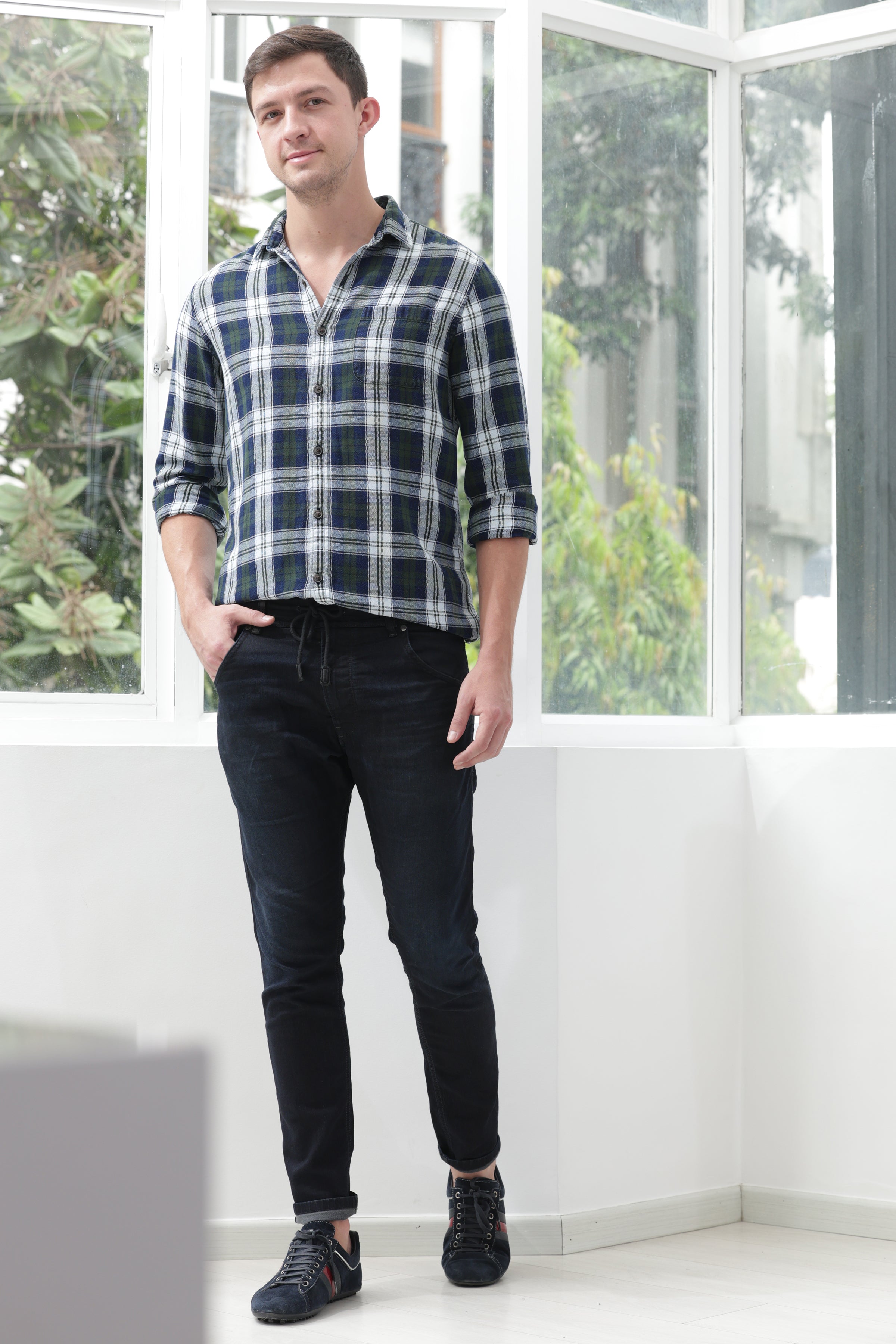 Men Quest Indigo Check Shirt Green