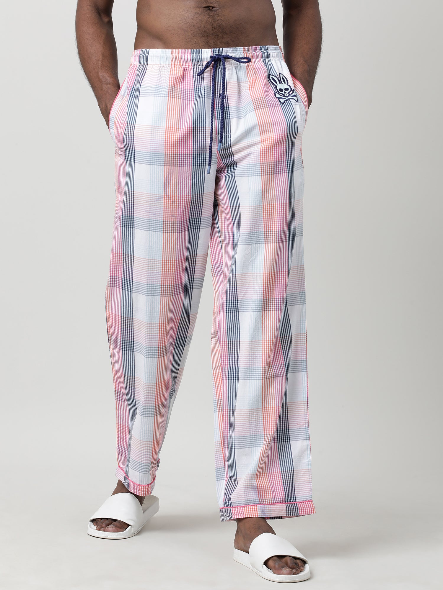 White Cotton Checked Ankle Length Pants