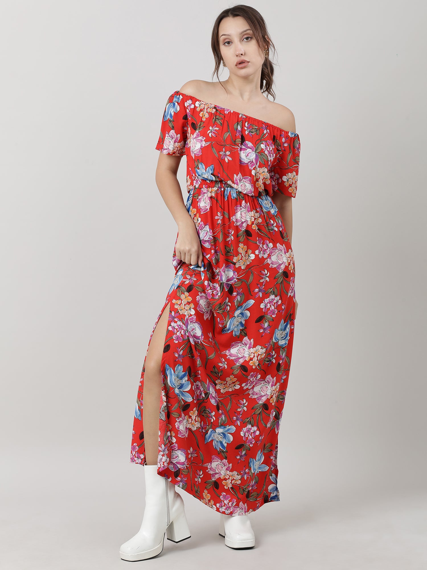 Women Red Floral Off Shoulder Maxi Dress