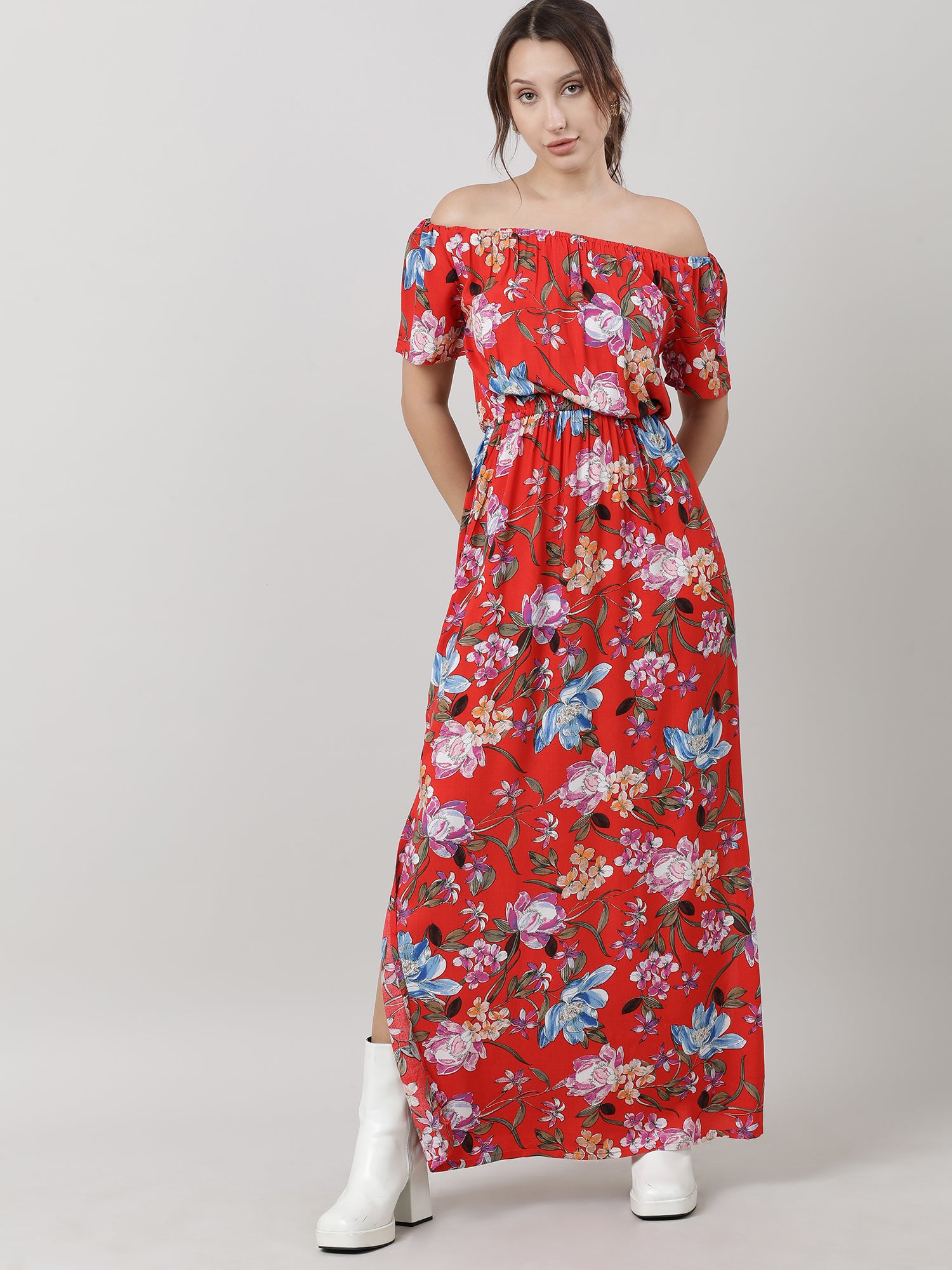 Women Red Floral Off Shoulder Maxi Dress