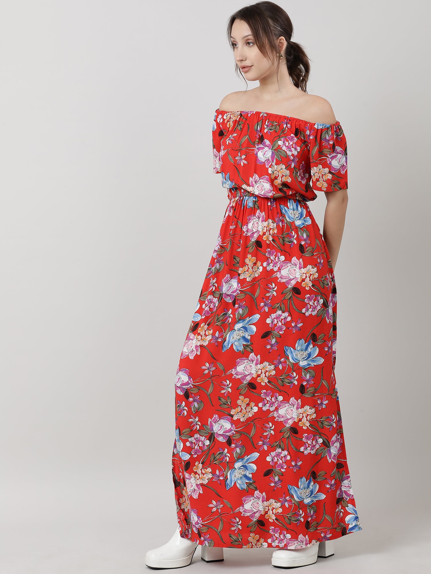 Women Red Floral Off Shoulder Maxi Dress