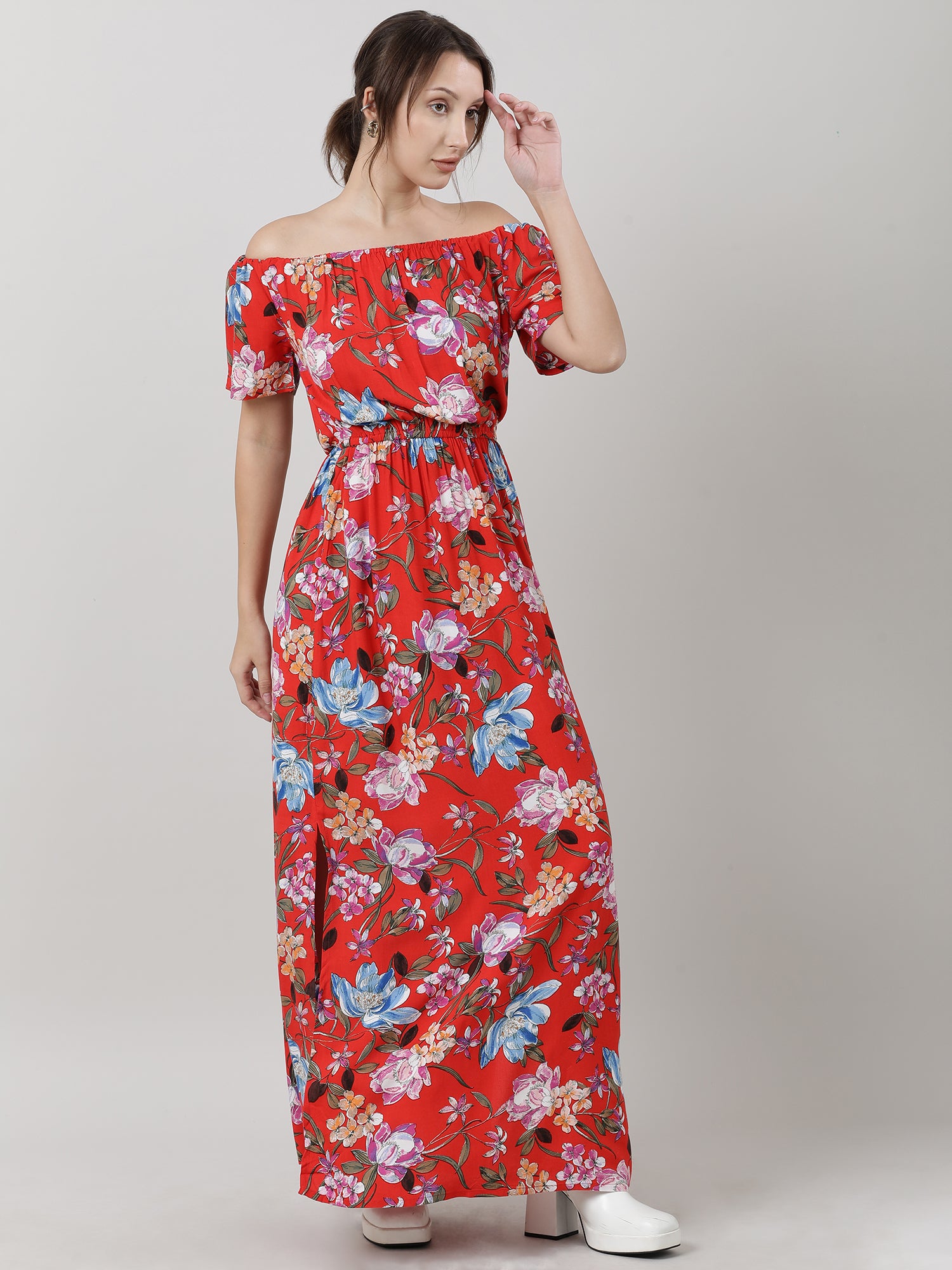 Women Red Floral Off Shoulder Maxi Dress