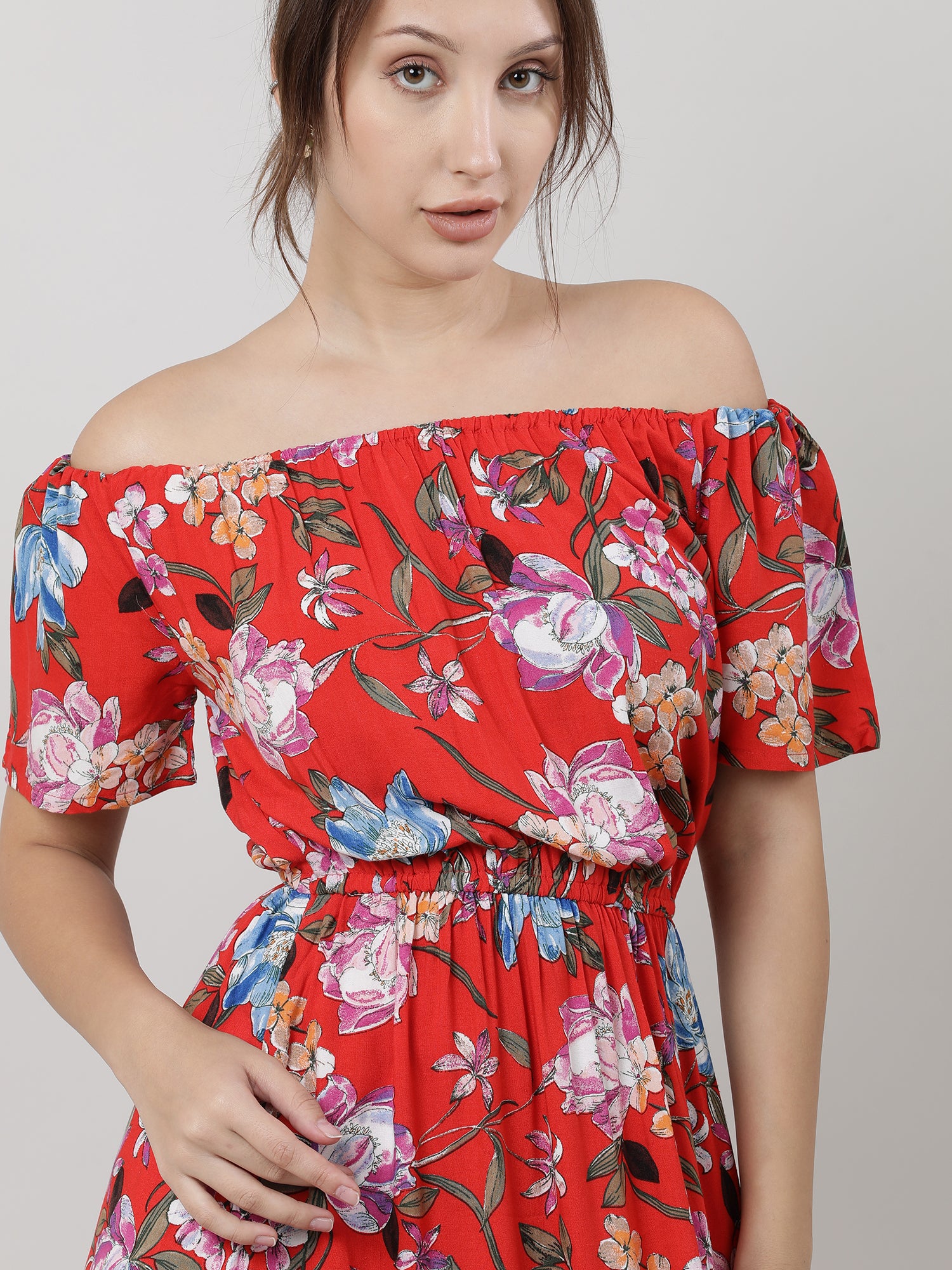 Women Red Floral Off Shoulder Maxi Dress