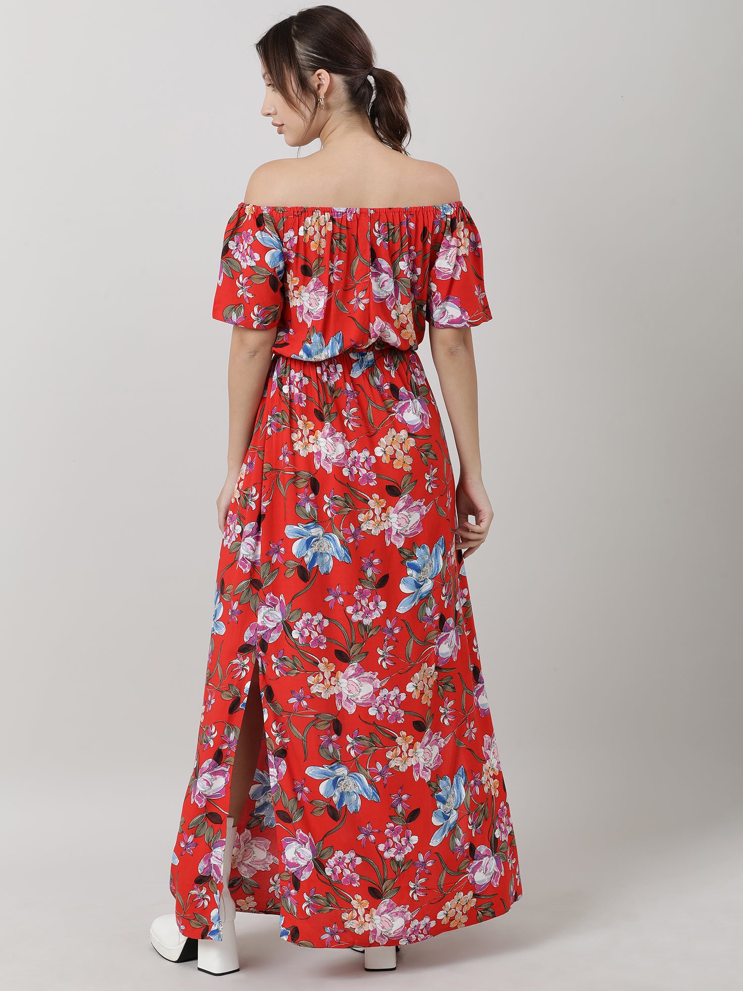 Women Red Floral Off Shoulder Maxi Dress