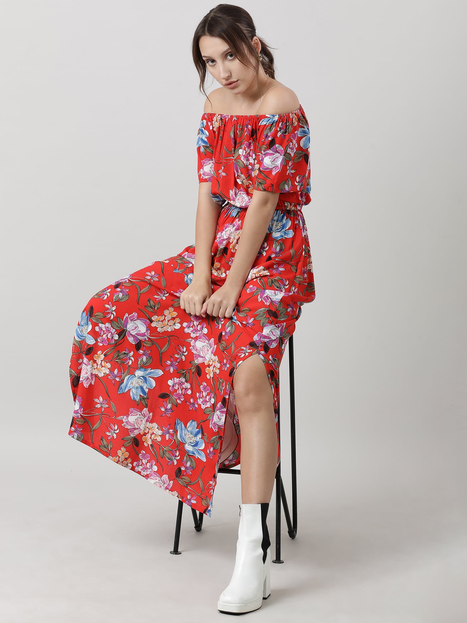 Women Red Floral Off Shoulder Maxi Dress