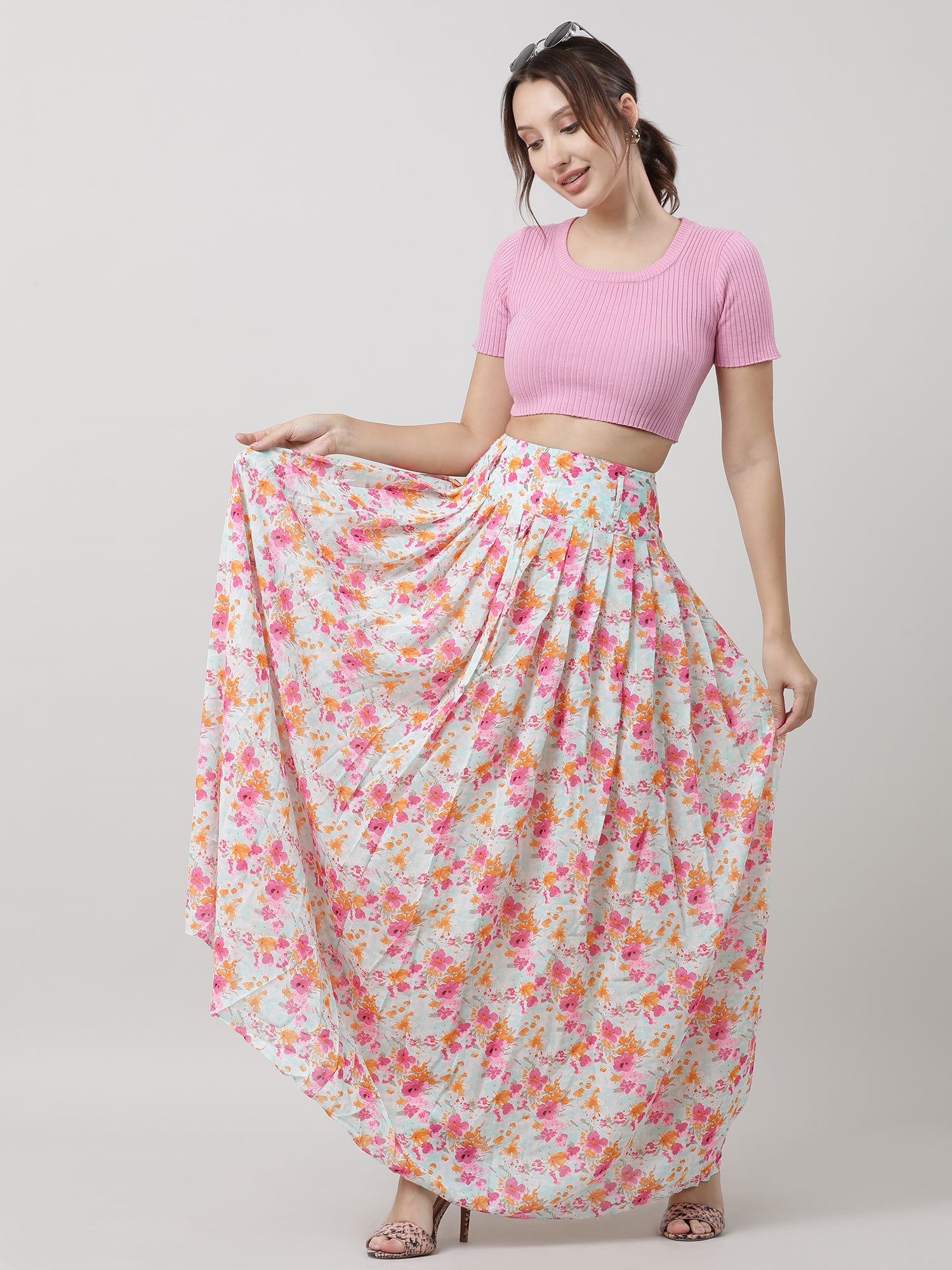 Women Relaxed Fit Floral Print Pink Maxi Skirt