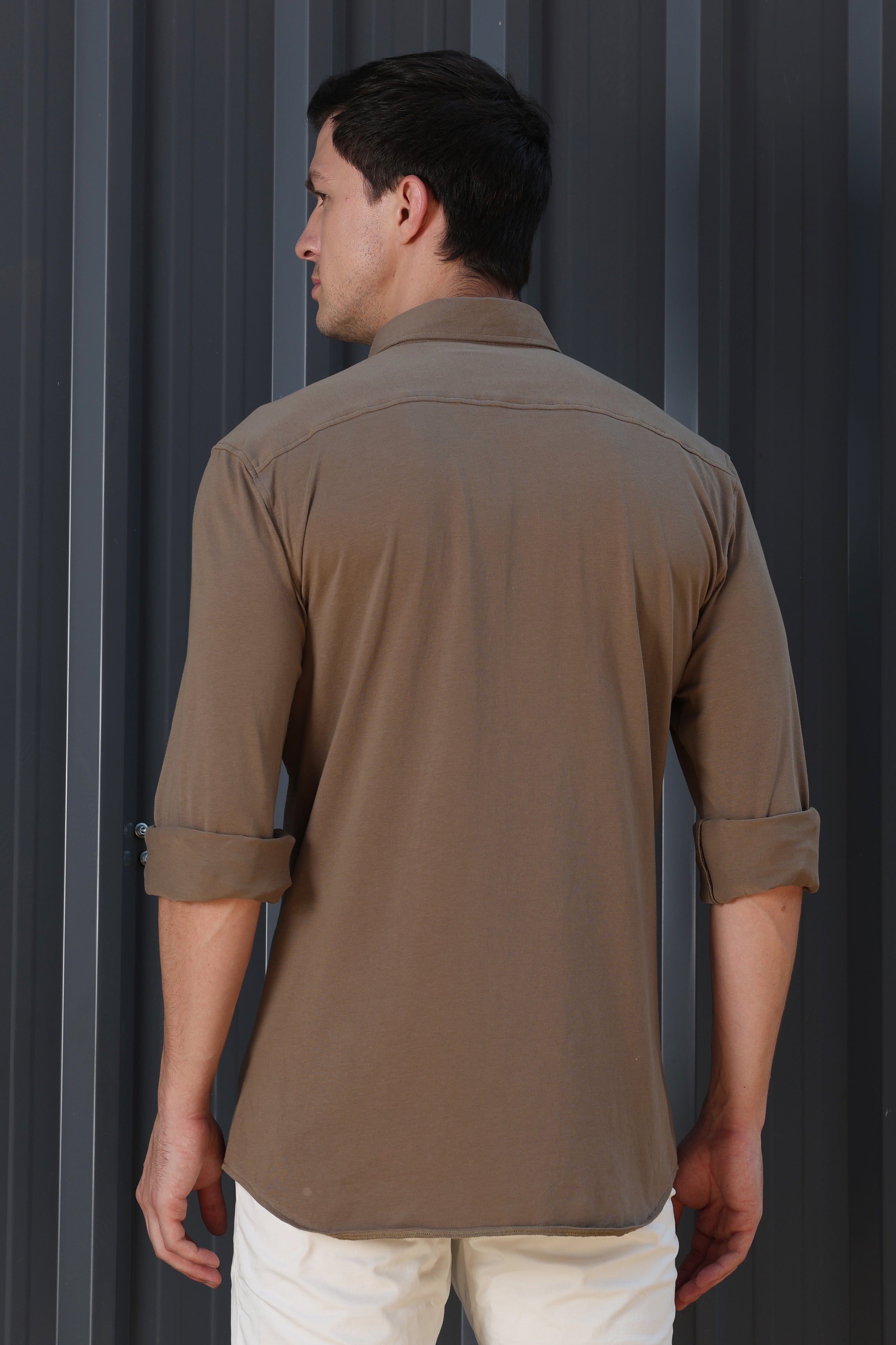 Men Drawback Knitted Stretch Shirt Khaki