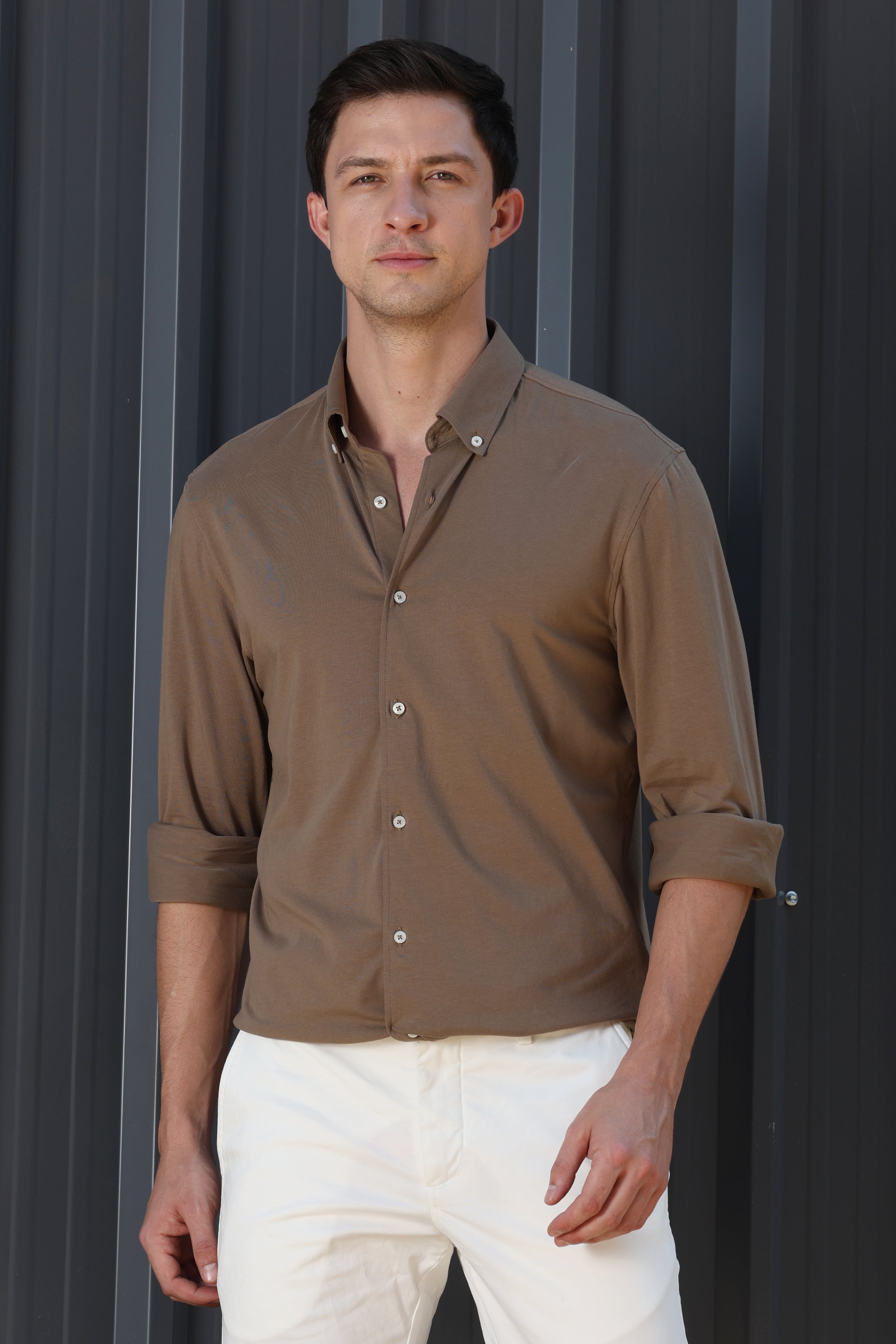 Men Drawback Knitted Stretch Shirt Khaki