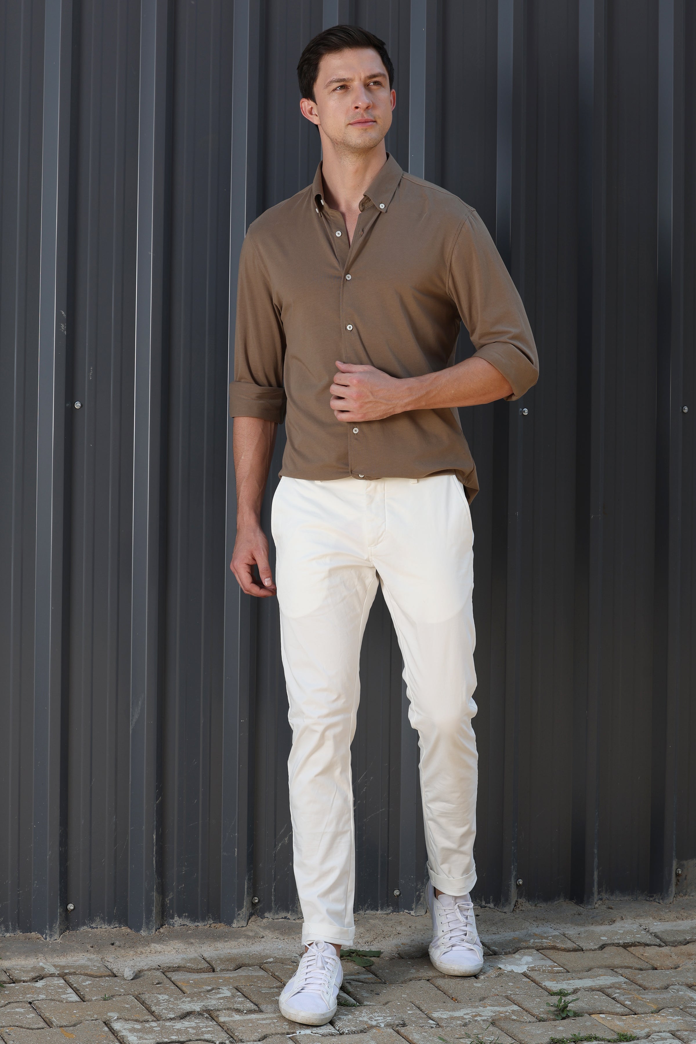 Men Drawback Knitted Stretch Shirt Khaki