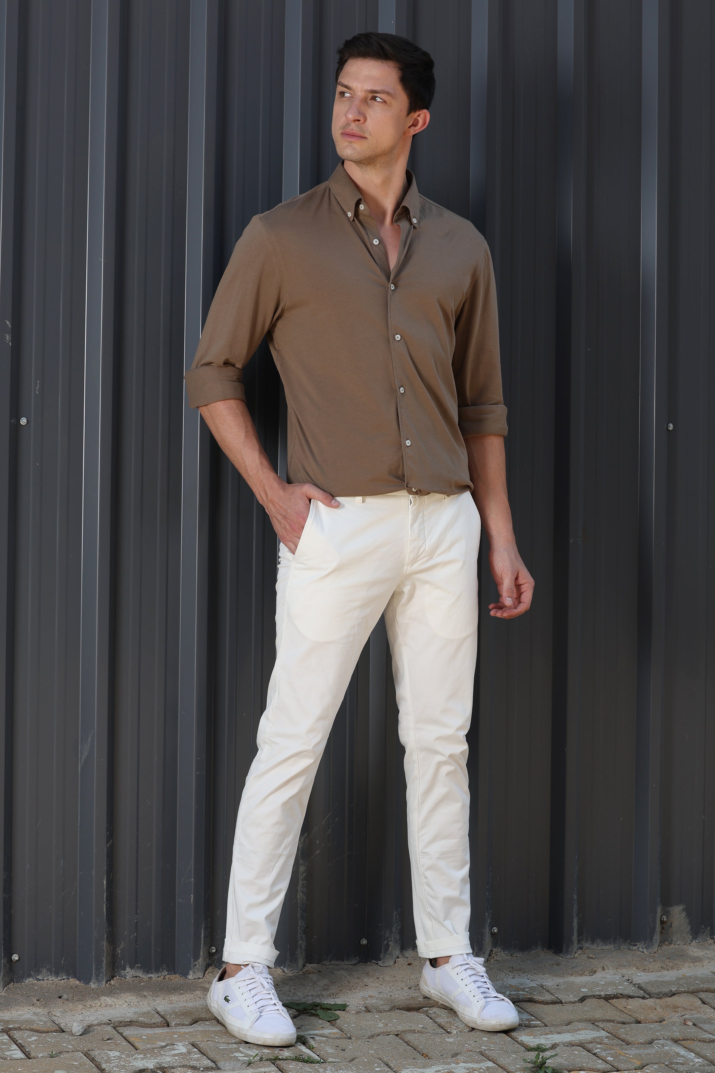 Men Drawback Knitted Stretch Shirt Khaki