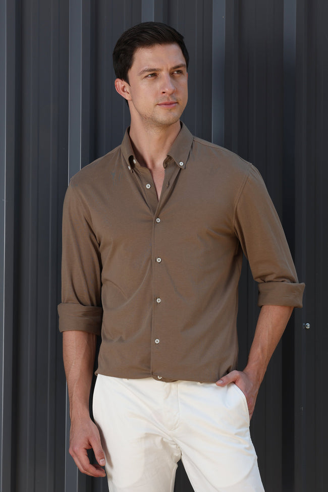 Men Drawback Knitted Stretch Shirt Khaki