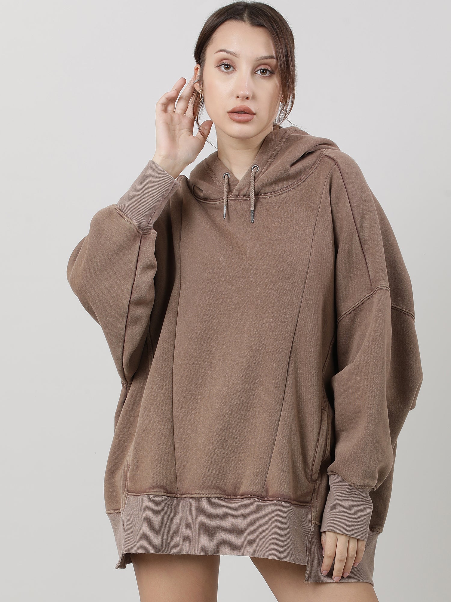 Women Oversized Drop Shoulder Brown Hoodie