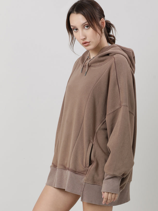 Women Oversized Drop Shoulder Brown Hoodie