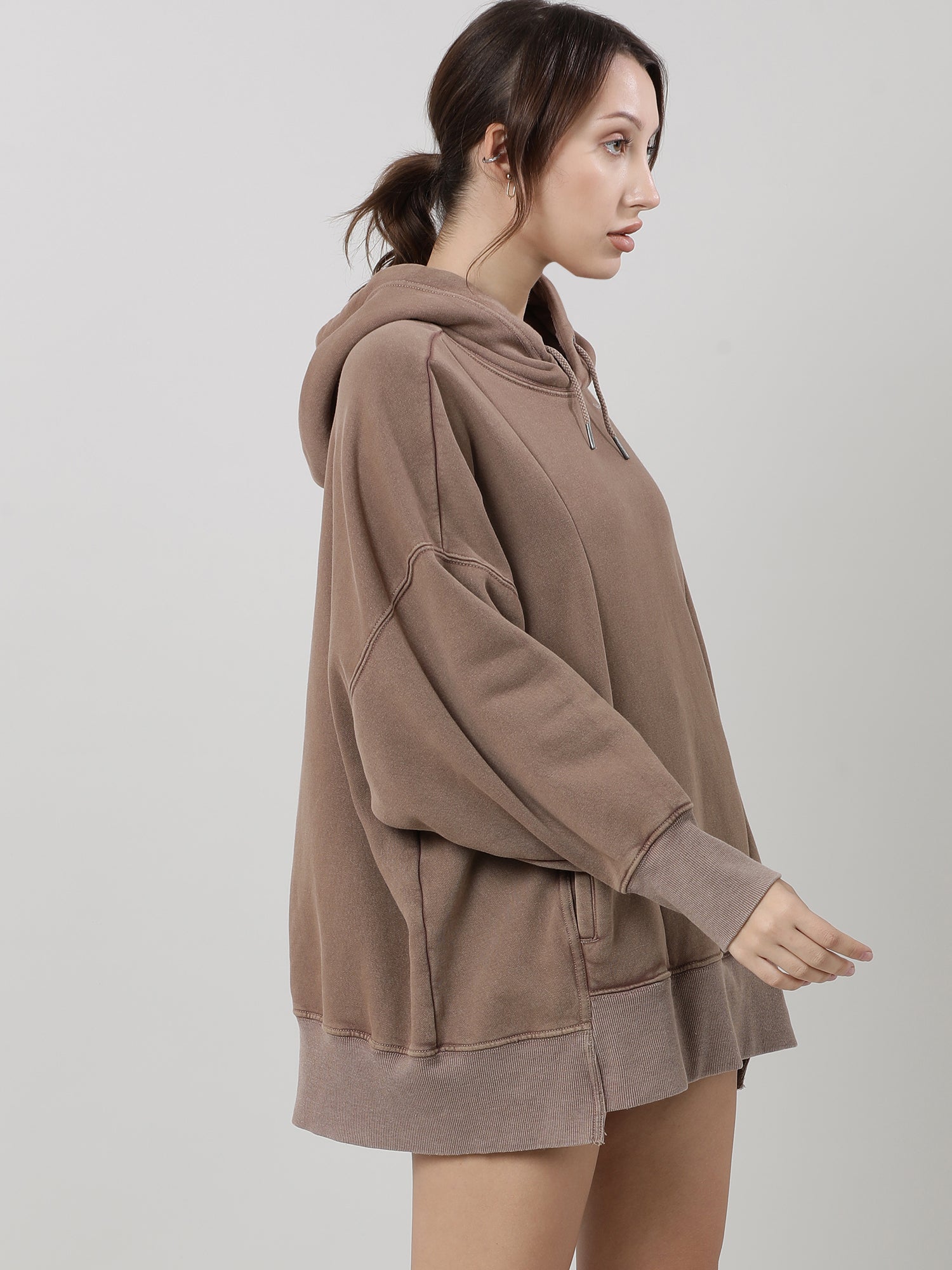 Women Oversized Drop Shoulder Brown Hoodie