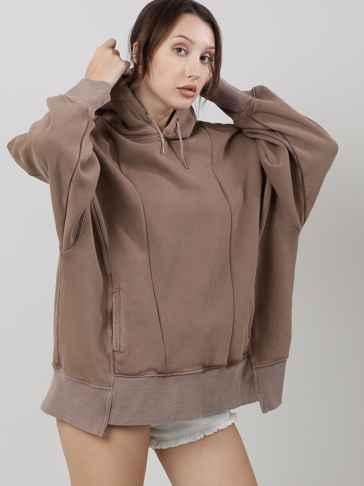 Women Oversized Drop Shoulder Brown Hoodie