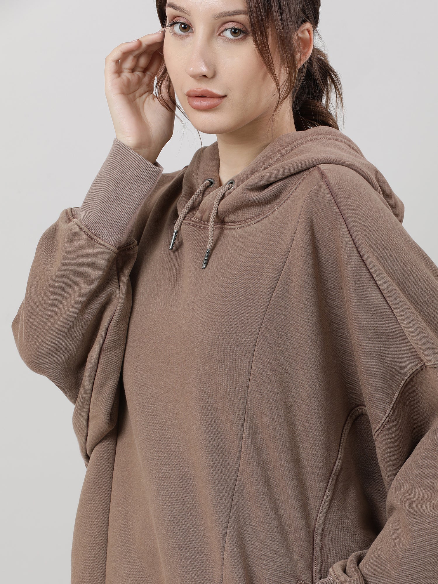 Women Oversized Drop Shoulder Brown Hoodie