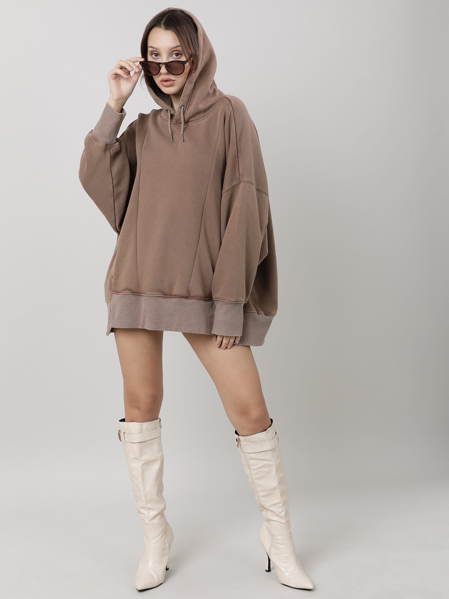 Women Oversized Drop Shoulder Brown Hoodie