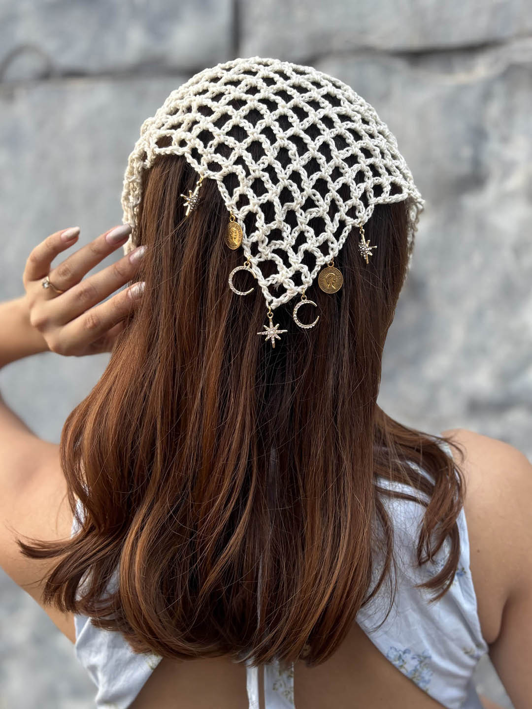 Off-white Bohemian Crochet Headscarf with Celestial Charms