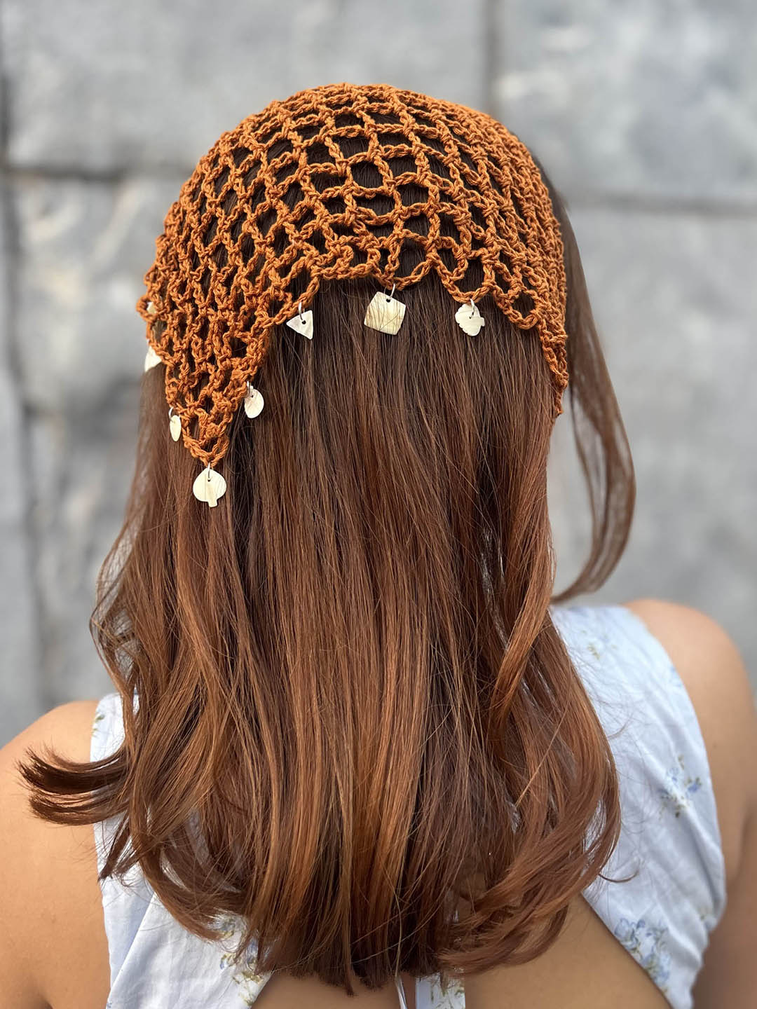 Brown Bohemian Crochet Headscarf with Shell Charms