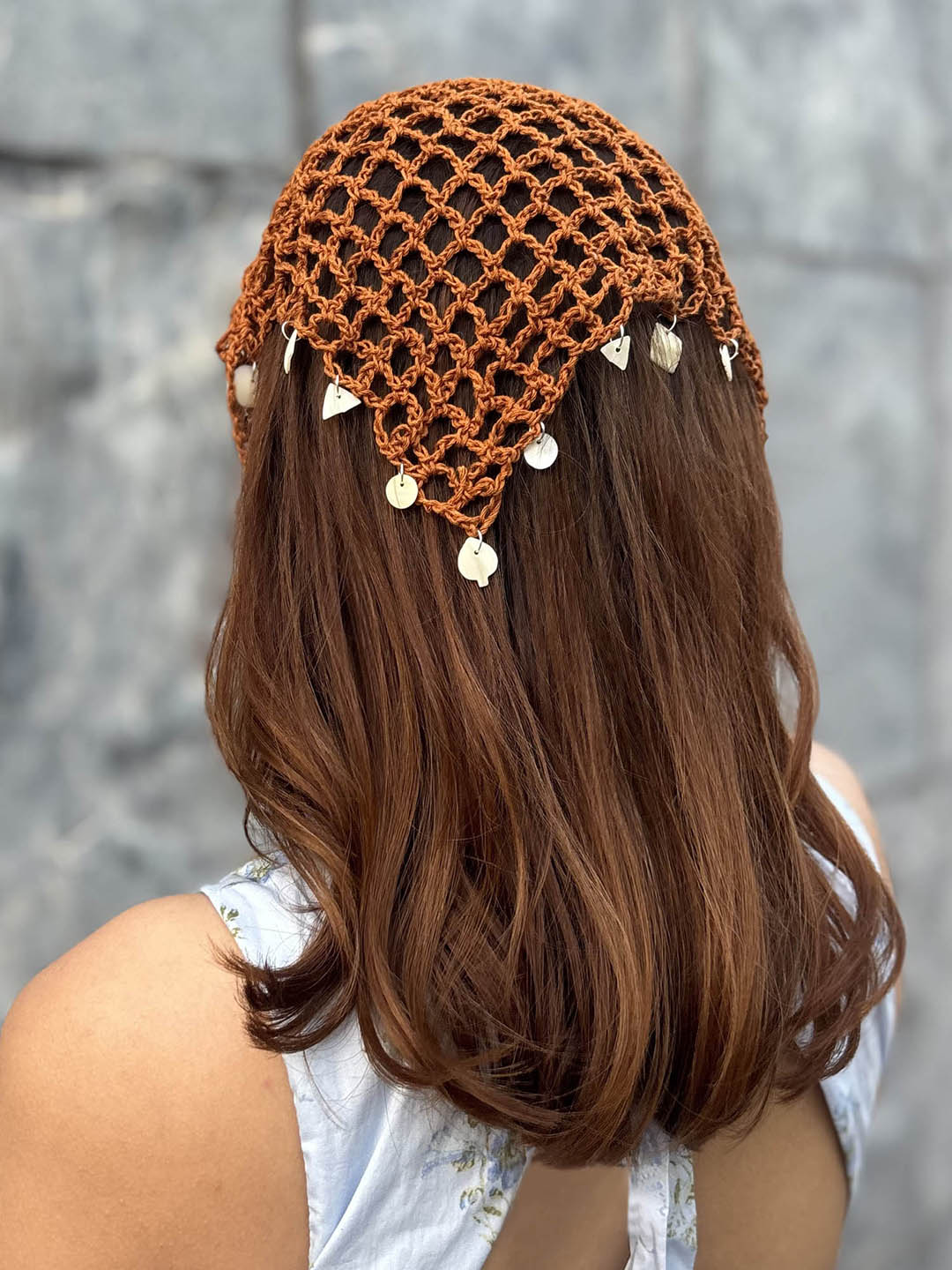 Brown Bohemian Crochet Headscarf with Shell Charms