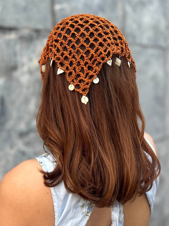 Brown Bohemian Crochet Headscarf with Shell Charms