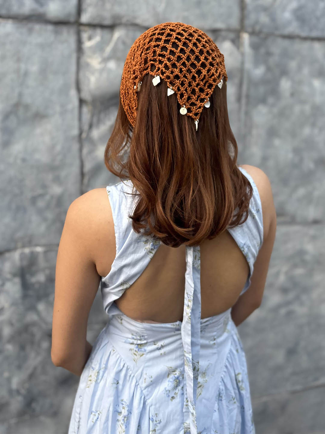 Brown Bohemian Crochet Headscarf with Shell Charms